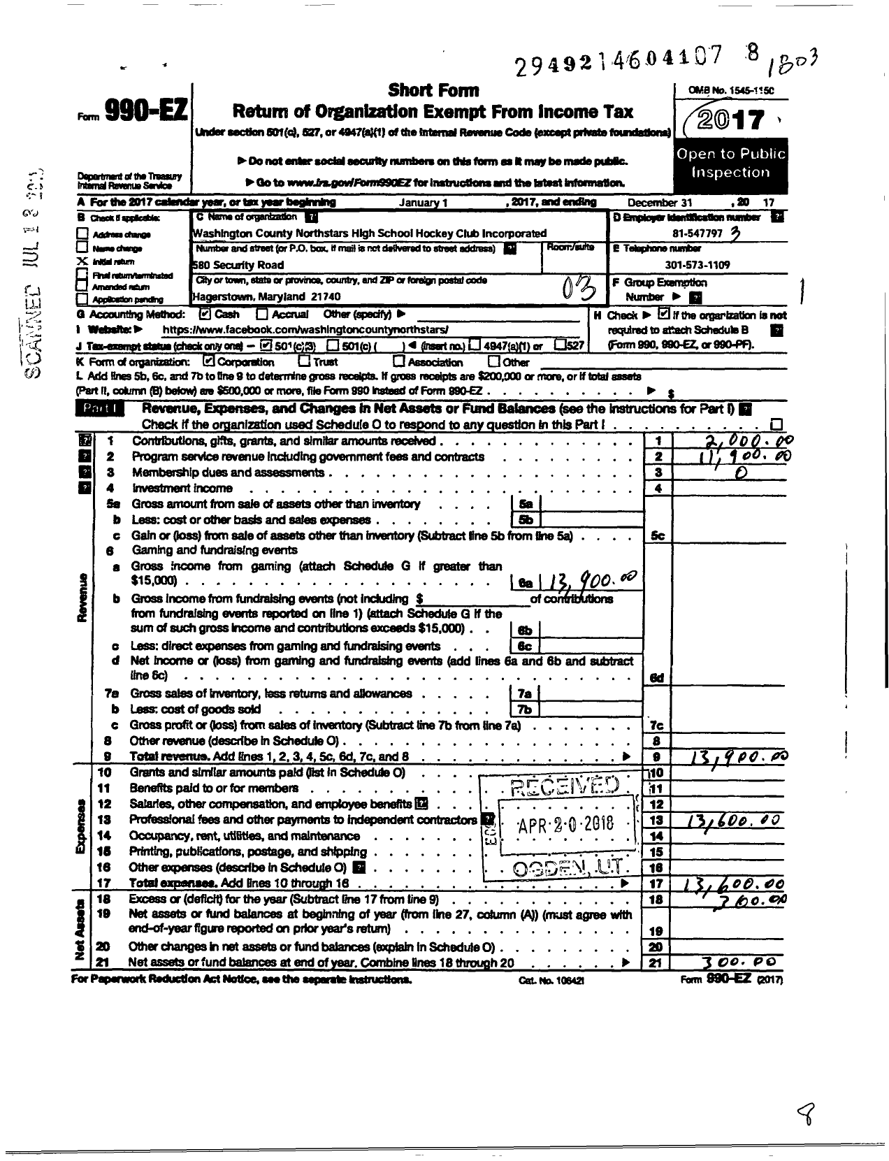 Image of first page of 2017 Form 990EZ for Washington County Northstars High School Hockey Club Incorporated