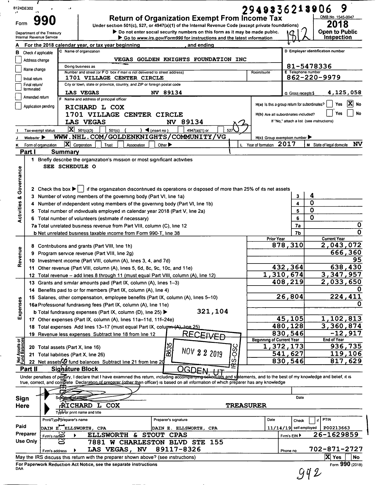 Image of first page of 2018 Form 990 for Vegas Golden Knights Foundation