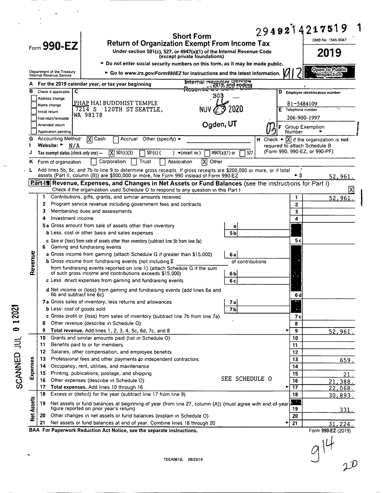 Image of first page of 2019 Form 990EZ for Phap Hai Buddhist Temple