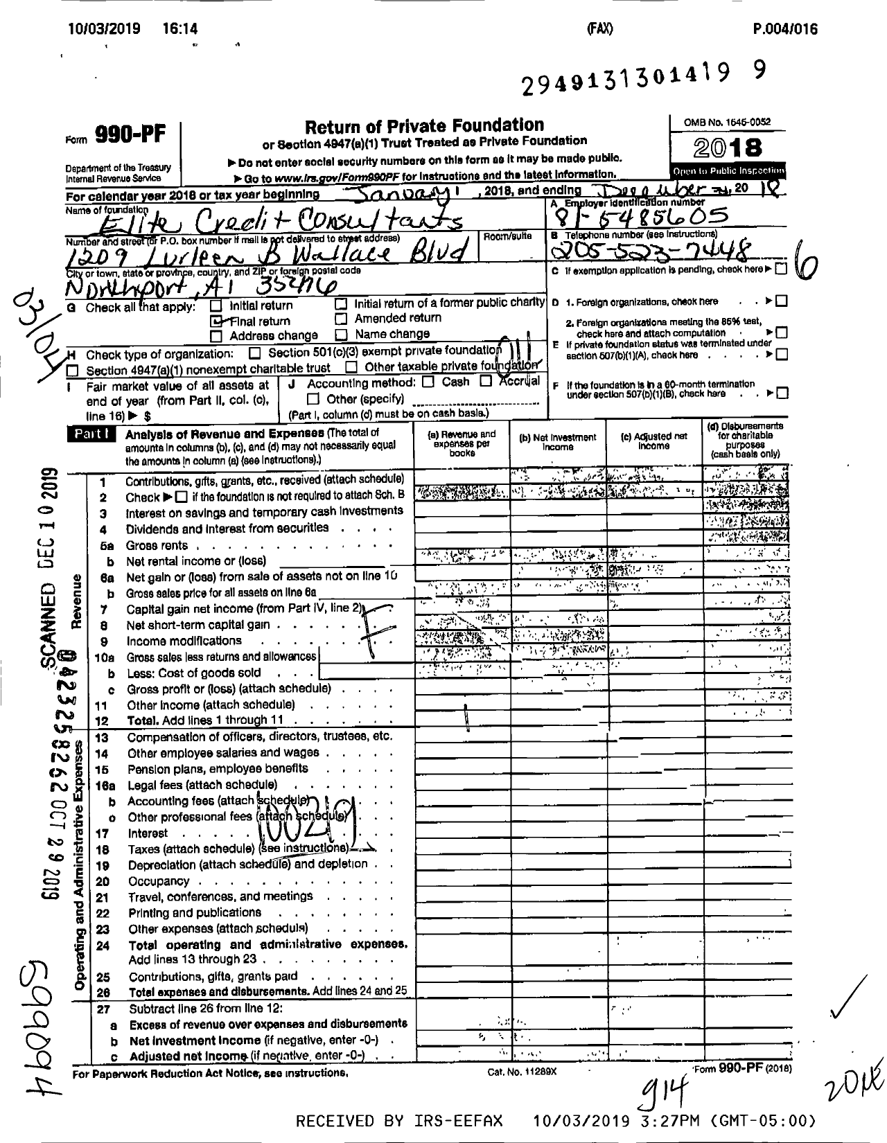 Image of first page of 2018 Form 990PF for Elite Credit Consultants