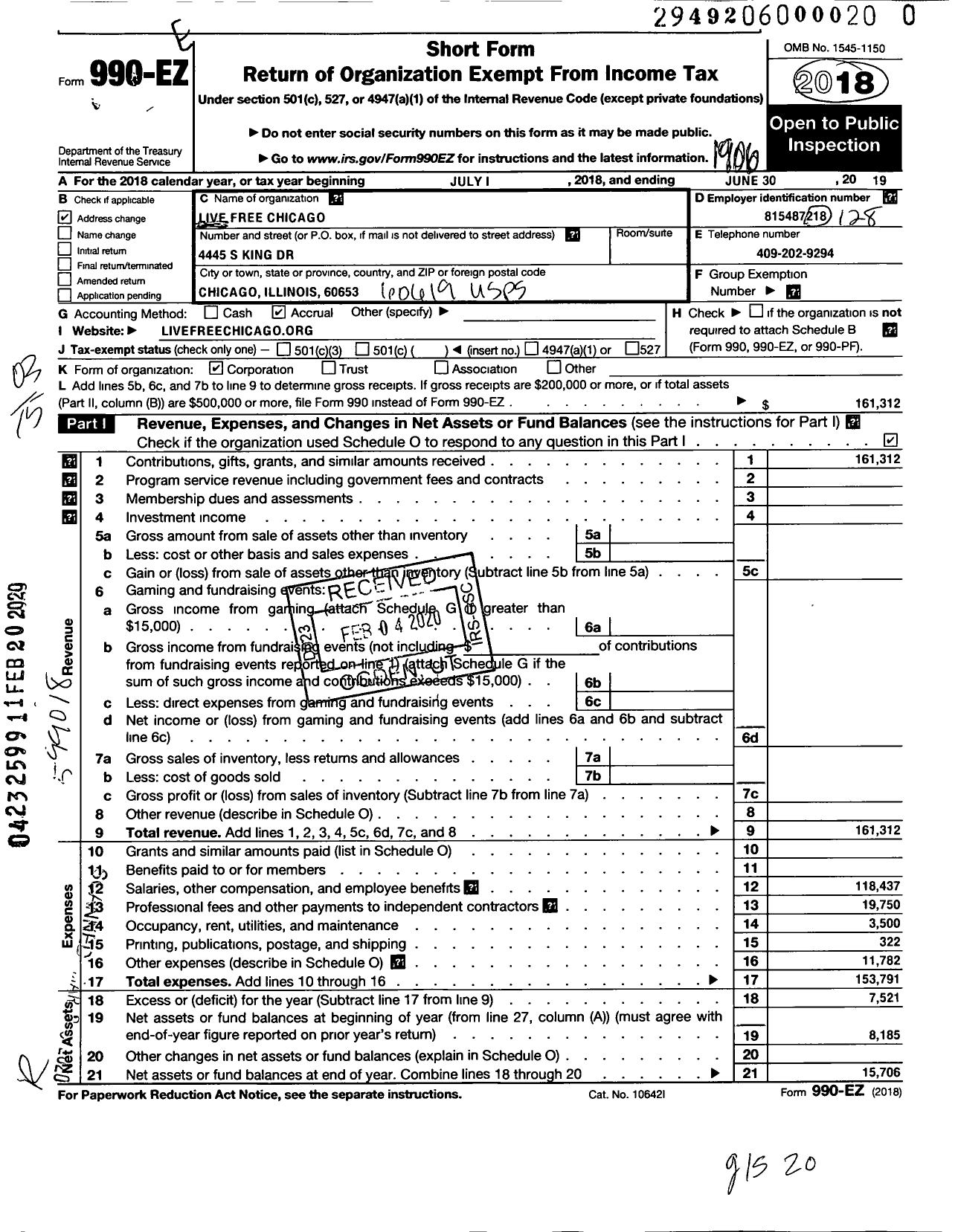 Image of first page of 2018 Form 990EZ for Live Free Illinois