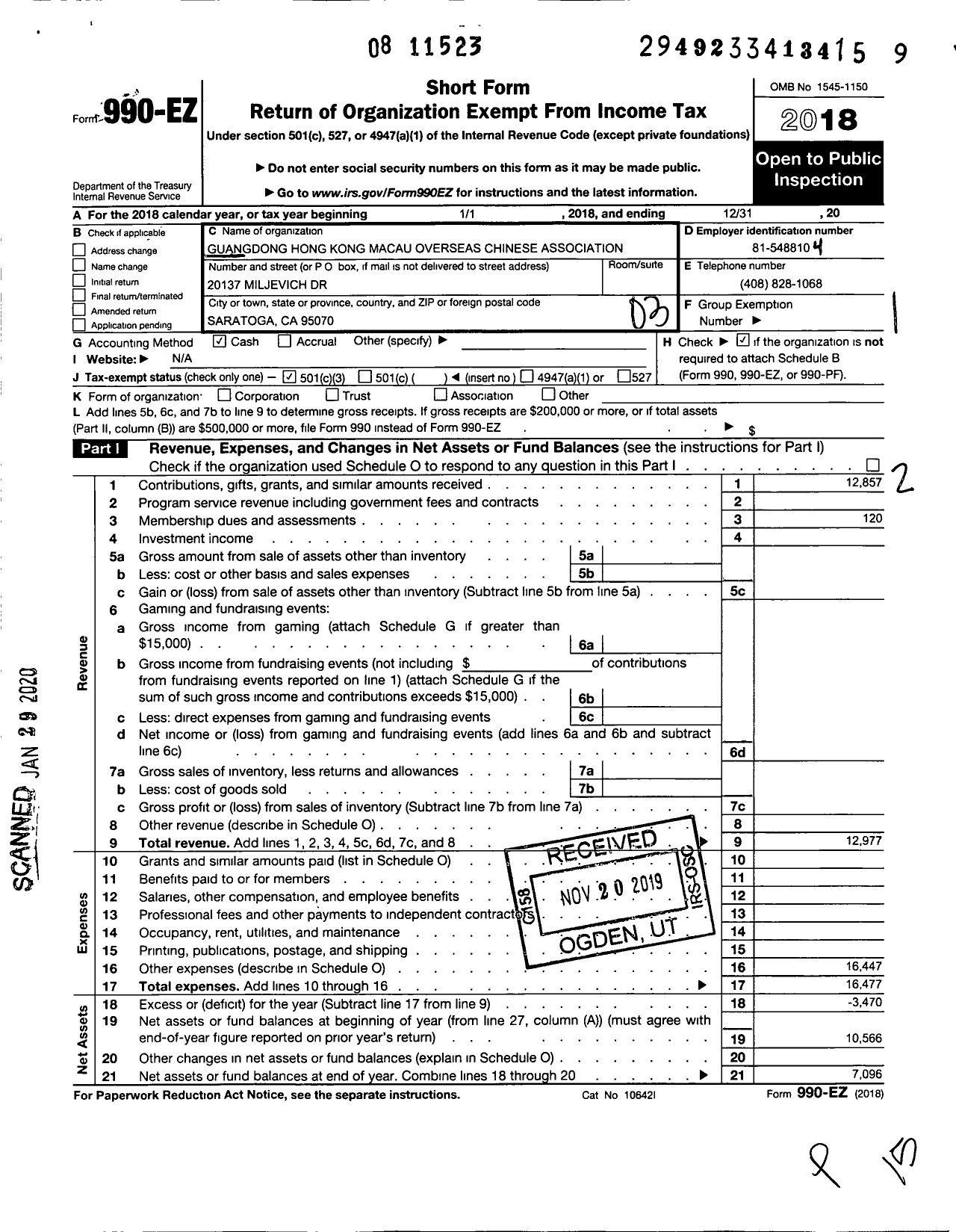 Image of first page of 2018 Form 990EZ for Guangdong Hong Kong Macau Overseas Chinese Association