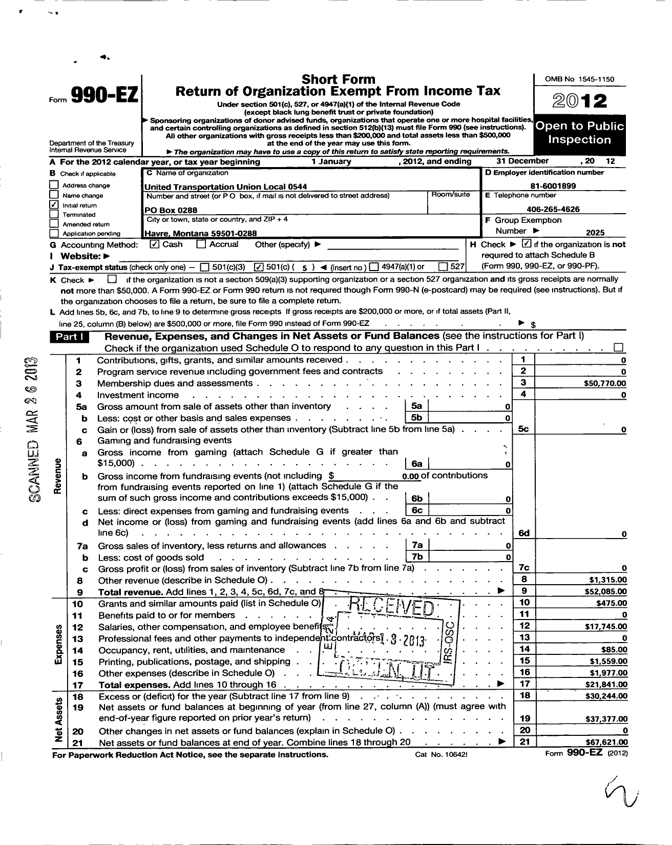 Image of first page of 2012 Form 990EO for Smart Union - 544 TD