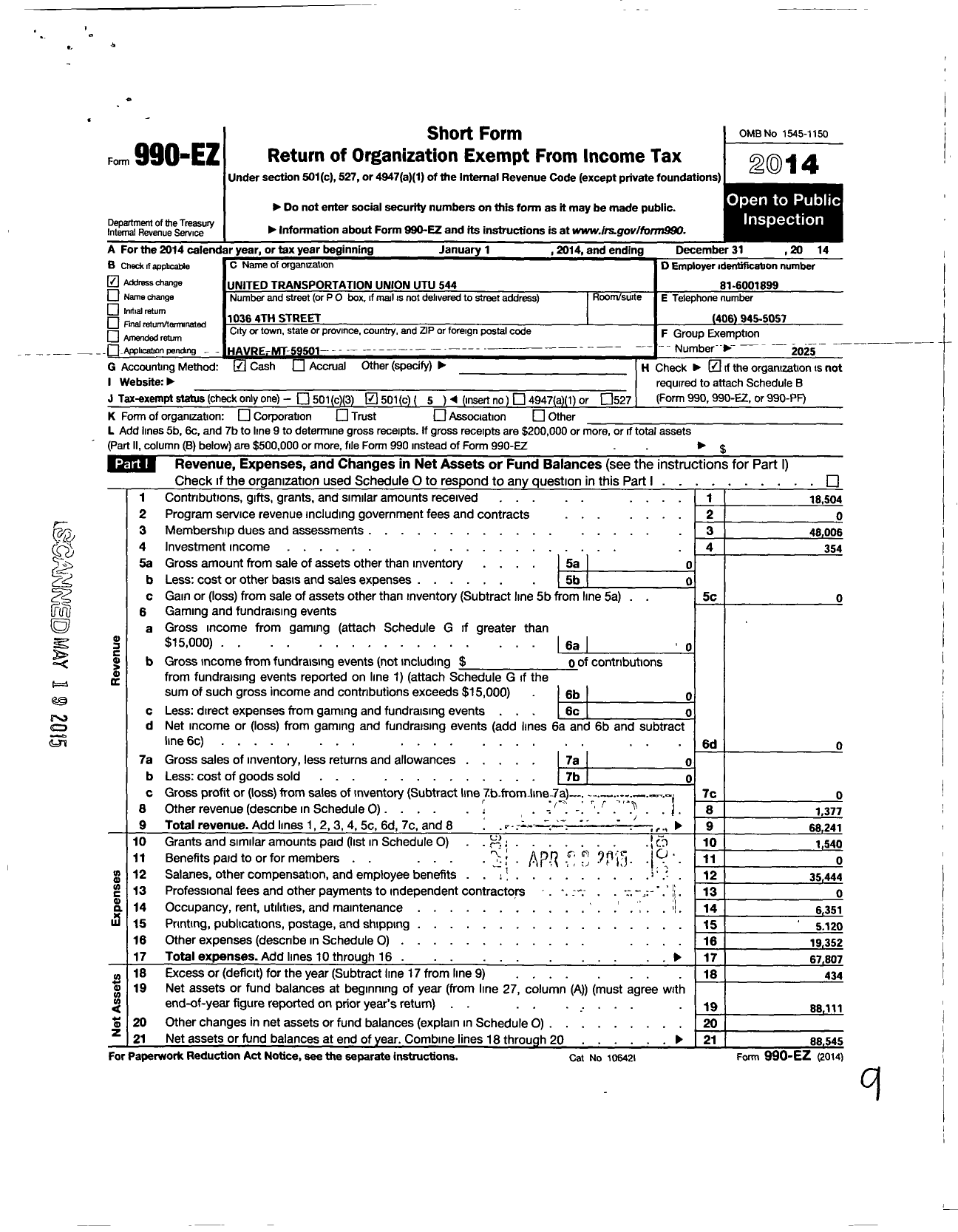 Image of first page of 2014 Form 990EO for Smart Union - 544 TD