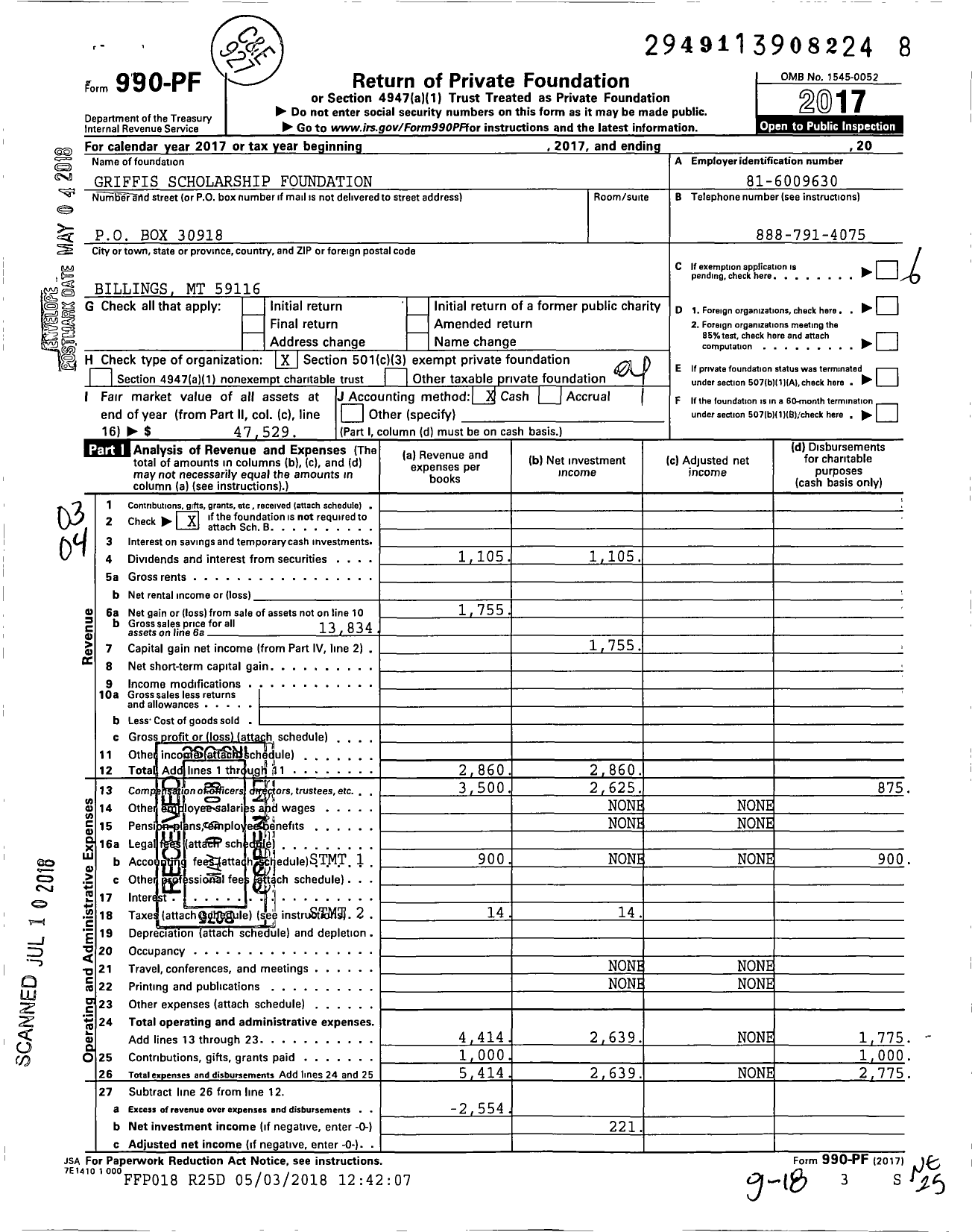 Image of first page of 2017 Form 990PF for Griffis Scholarship Foundation