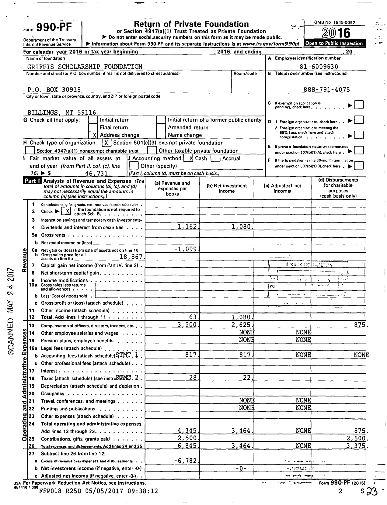 Image of first page of 2016 Form 990PF for Griffis Scholarship Foundation