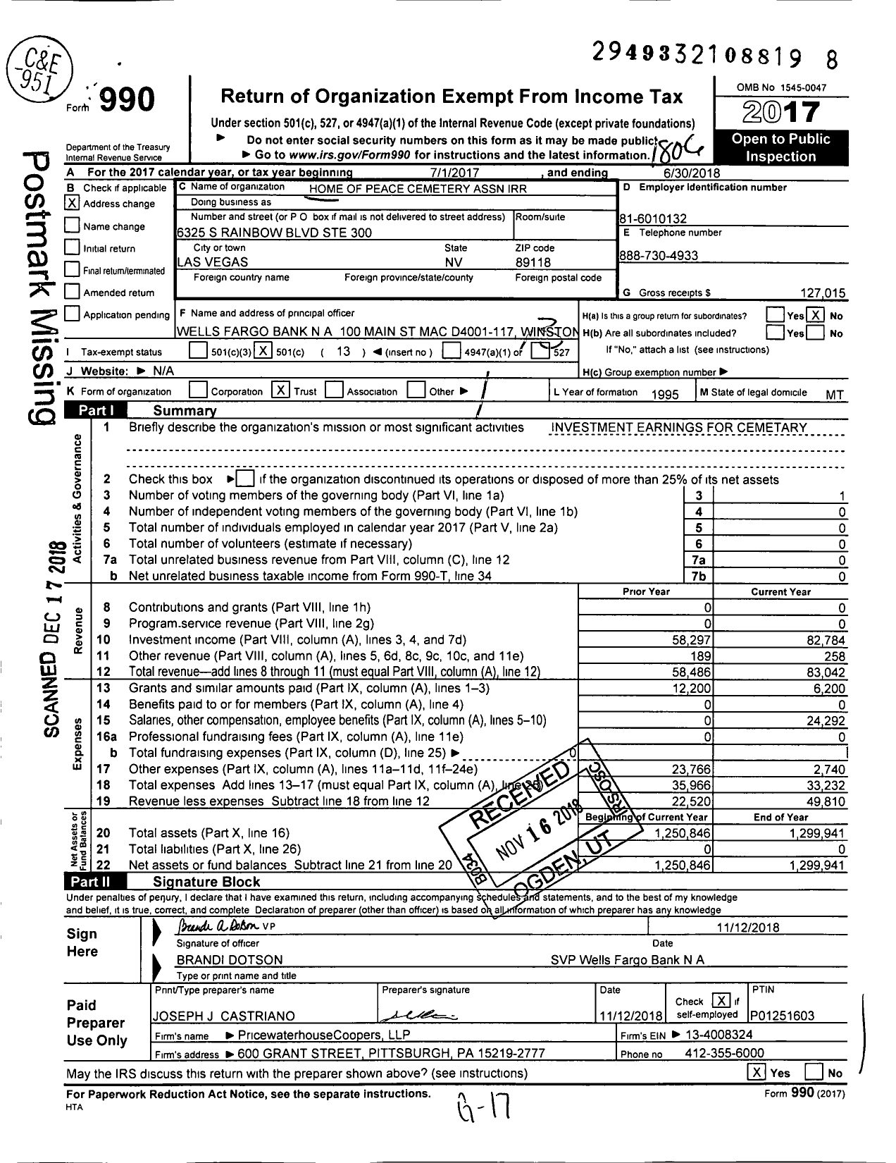 Image of first page of 2017 Form 990O for Home of Peace Cemetery Association Irr