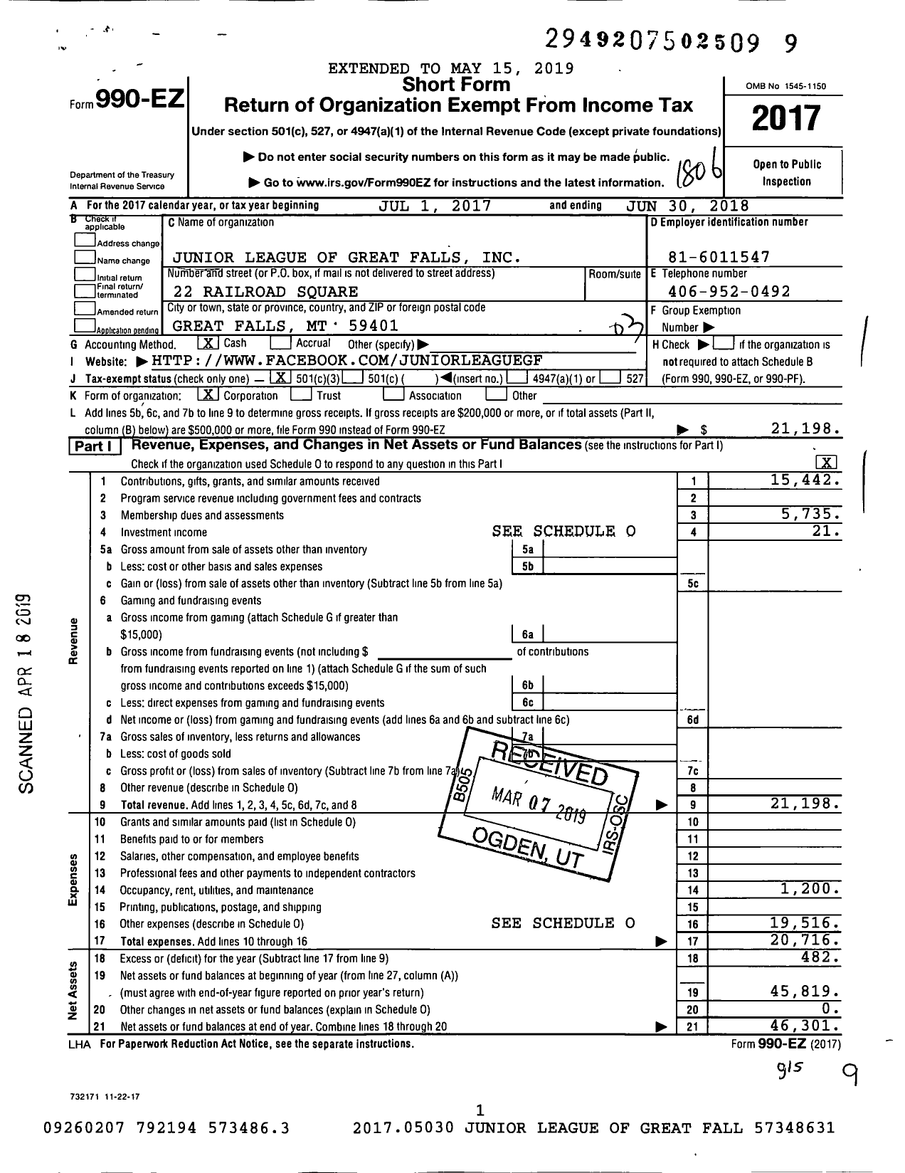 Image of first page of 2017 Form 990EZ for Junior League of Great Falls