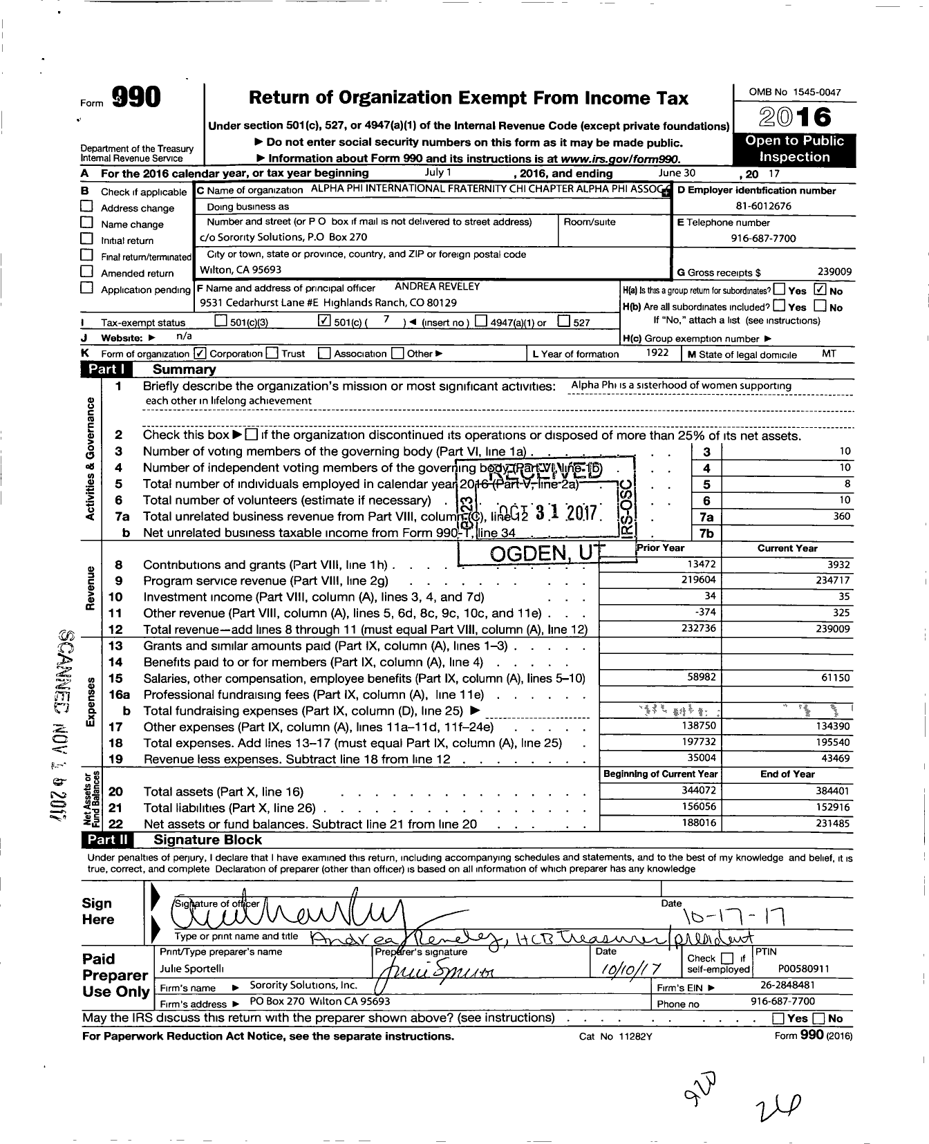 Image of first page of 2016 Form 990O for Alpha Phi - Chi Chapter Alpha Phi Assoc of MT