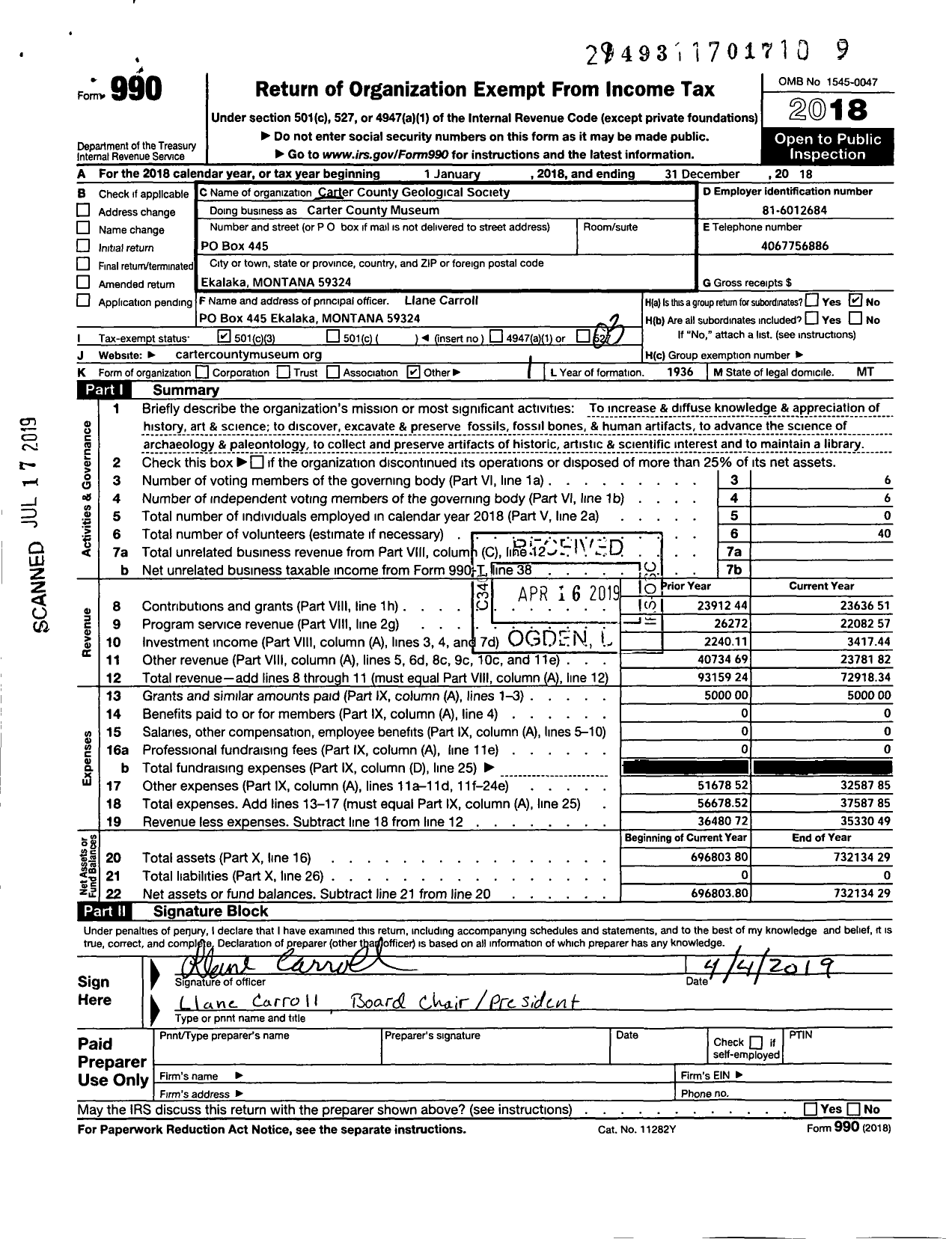 Image of first page of 2018 Form 990 for Carter County Museum