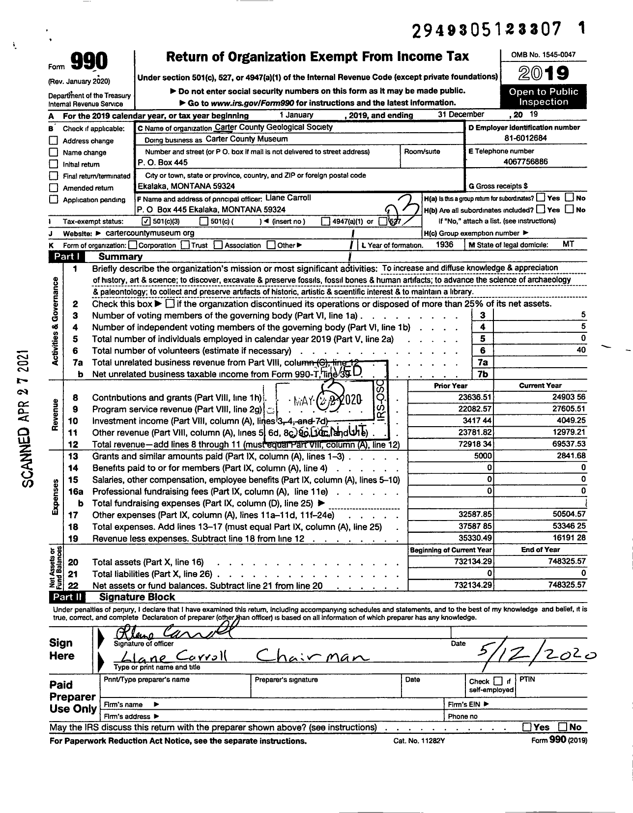 Image of first page of 2019 Form 990 for Carter County Museum