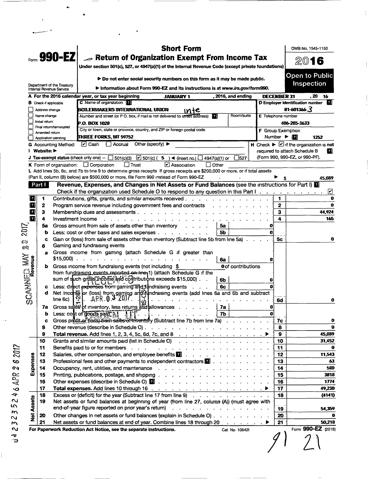 Image of first page of 2016 Form 990EO for International Brotherhood of Boilermakers - D239 Lodge