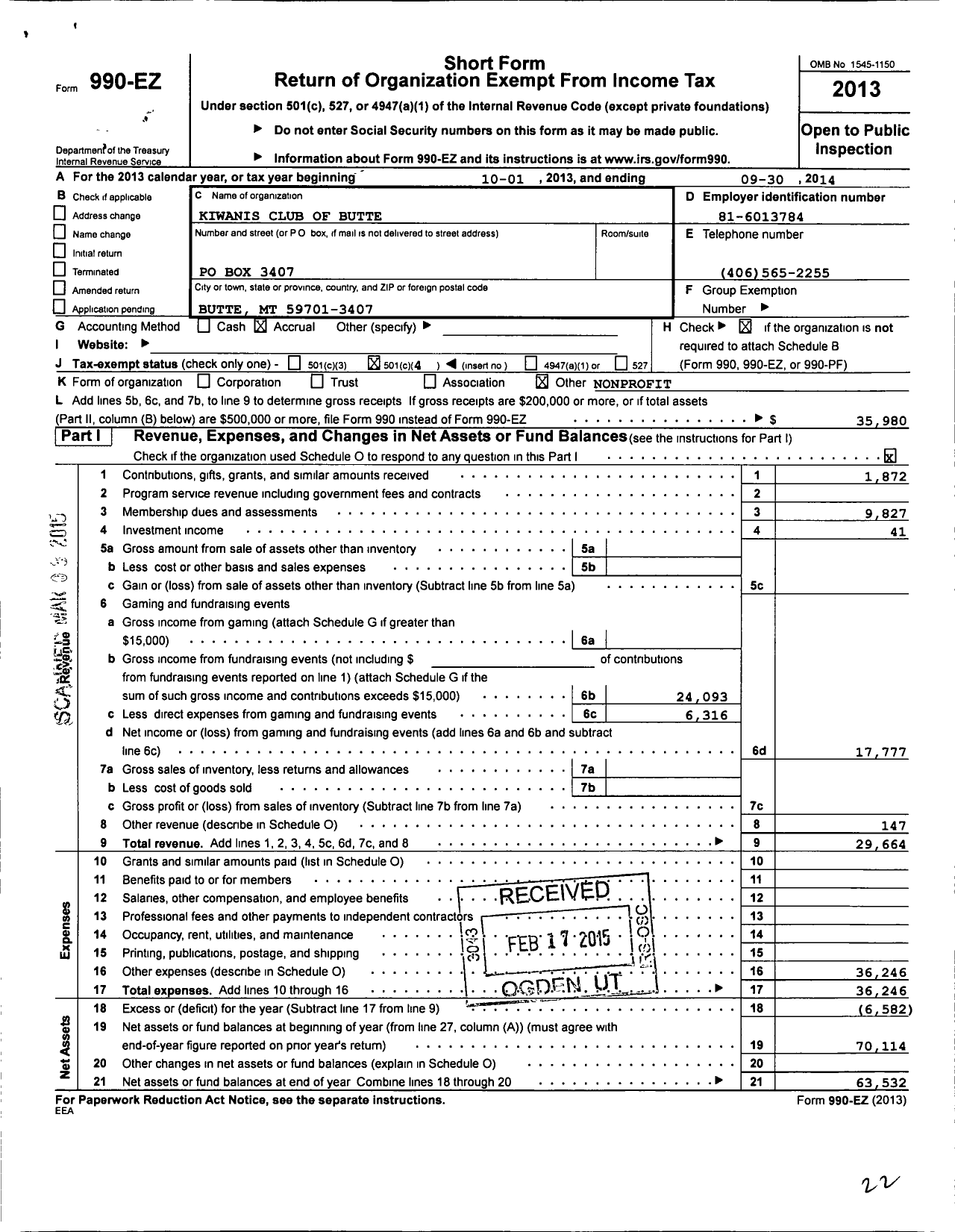 Image of first page of 2013 Form 990EO for Kiwanis International - K05261 Silver Bow Butte