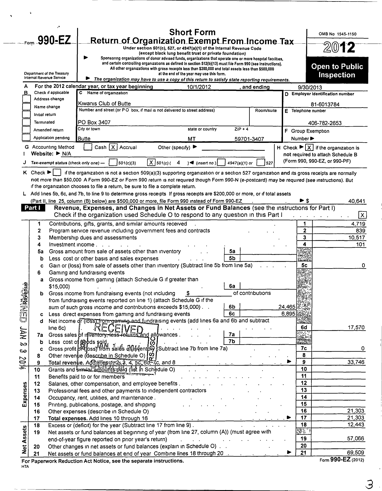 Image of first page of 2012 Form 990EO for Kiwanis International - K05261 Silver Bow Butte