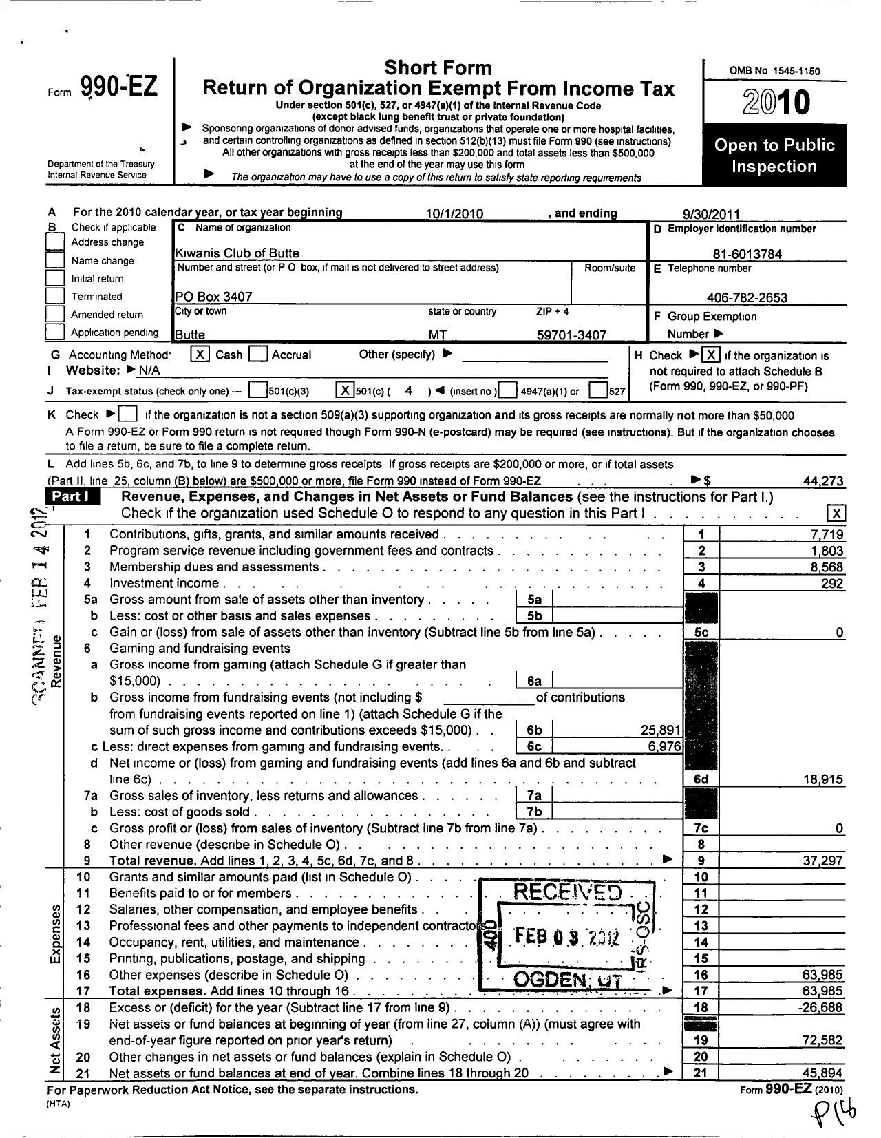 Image of first page of 2010 Form 990EO for Kiwanis International - K05261 Silver Bow Butte