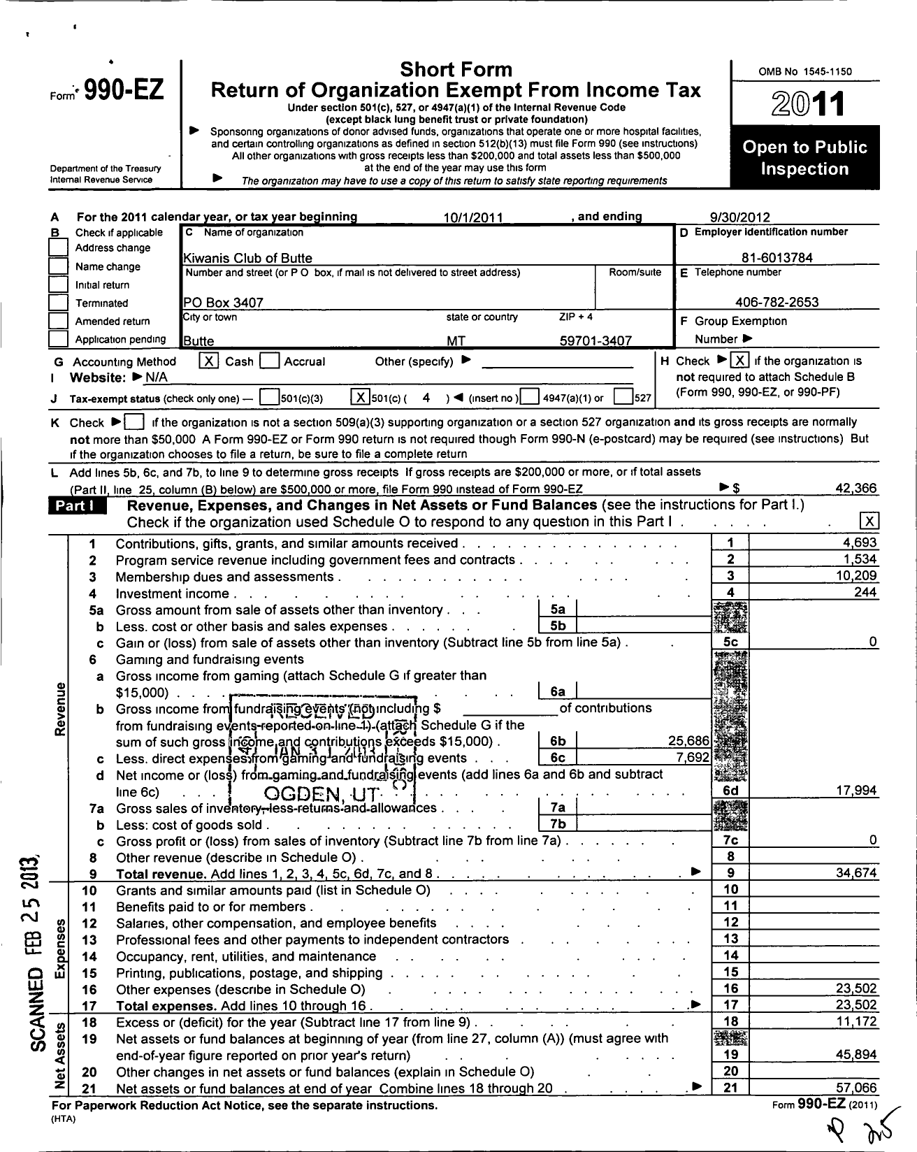 Image of first page of 2011 Form 990EO for Kiwanis International - K05261 Silver Bow Butte