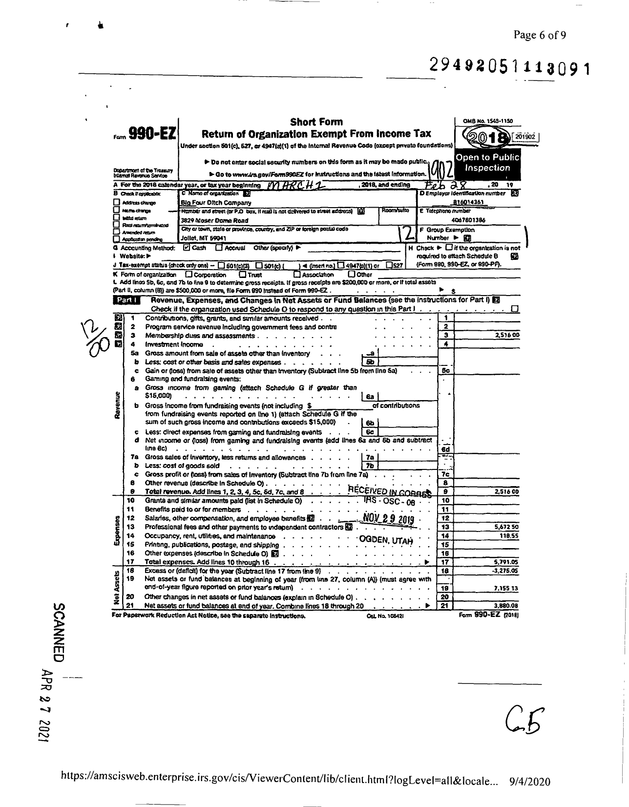 Image of first page of 2018 Form 990EO for Big Four Ditch Company