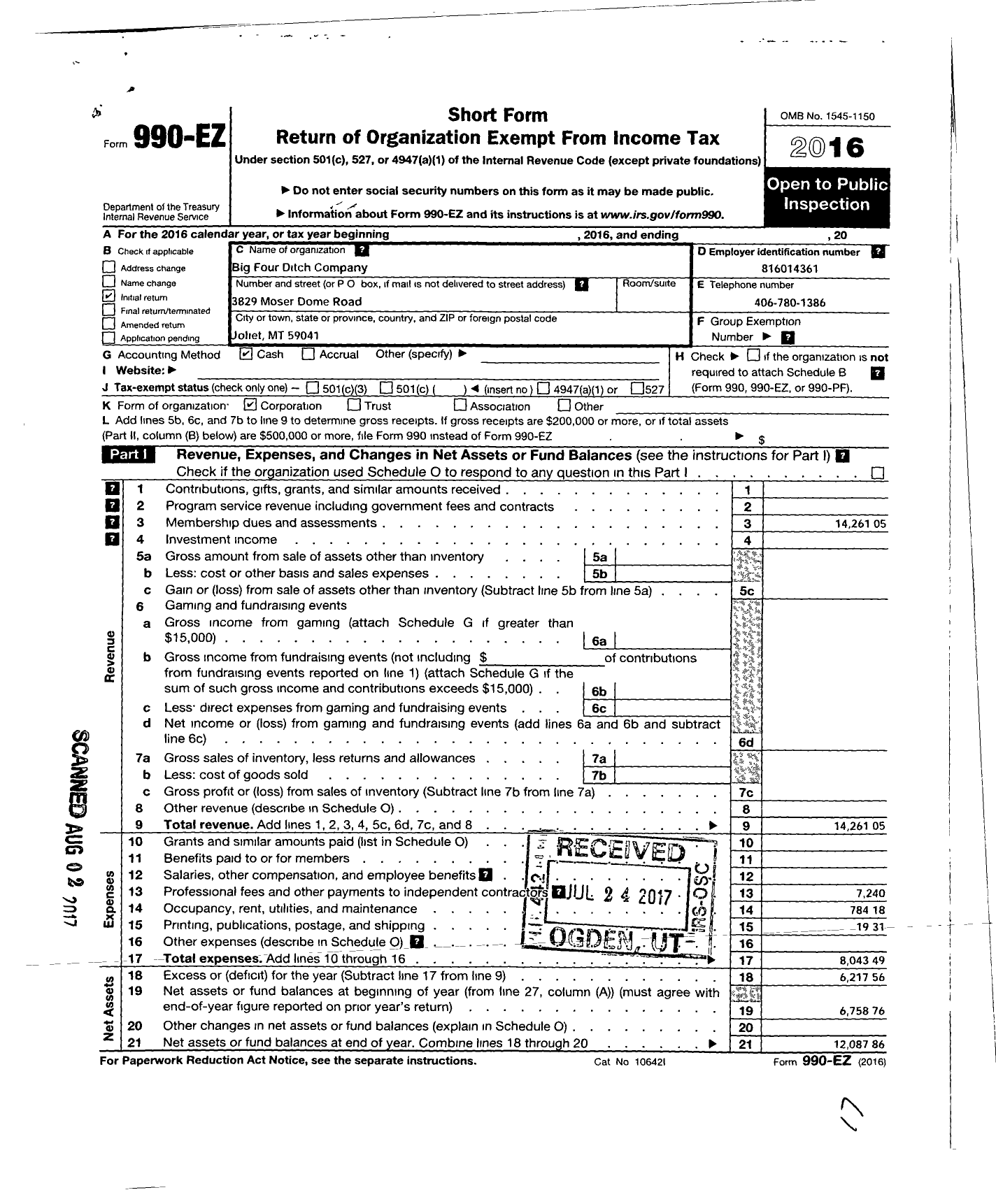 Image of first page of 2016 Form 990EO for Big Four Ditch Company