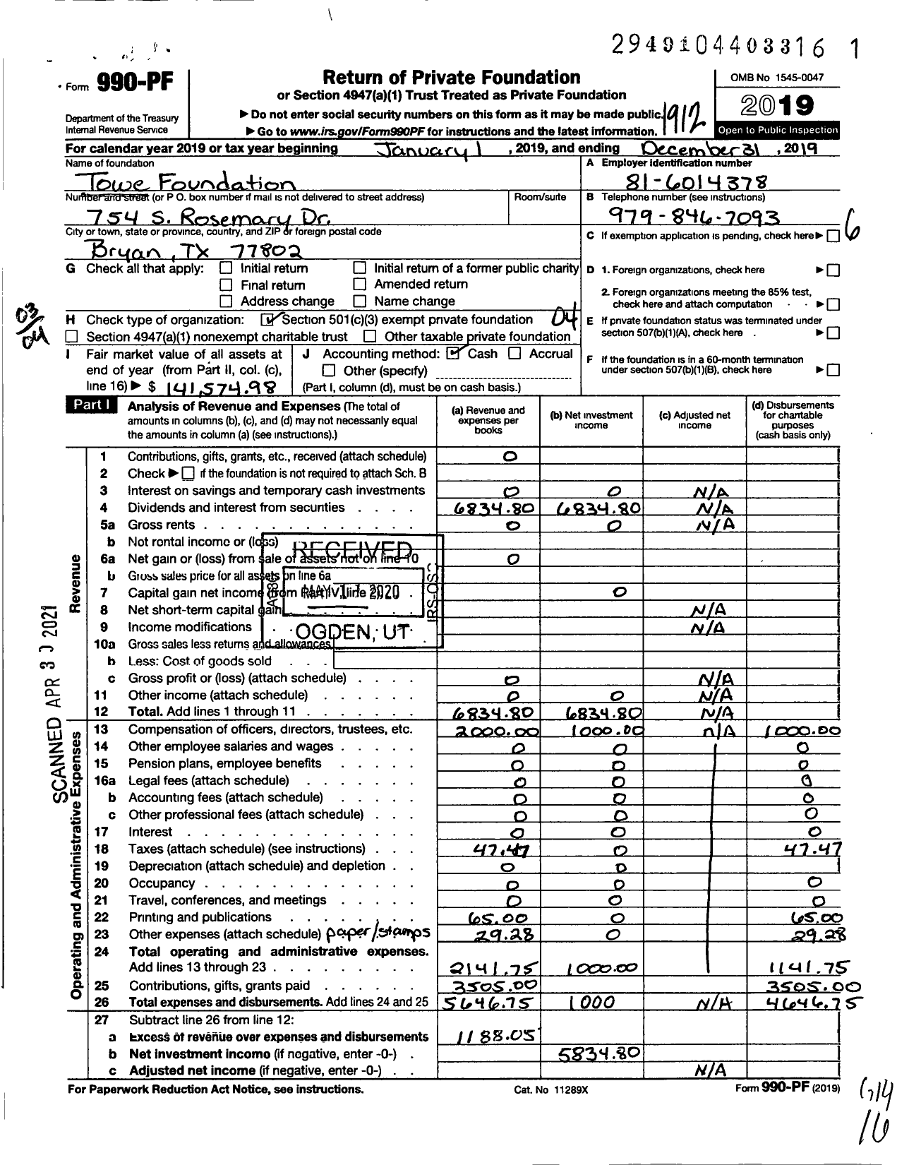 Image of first page of 2019 Form 990PF for Towe Foundation