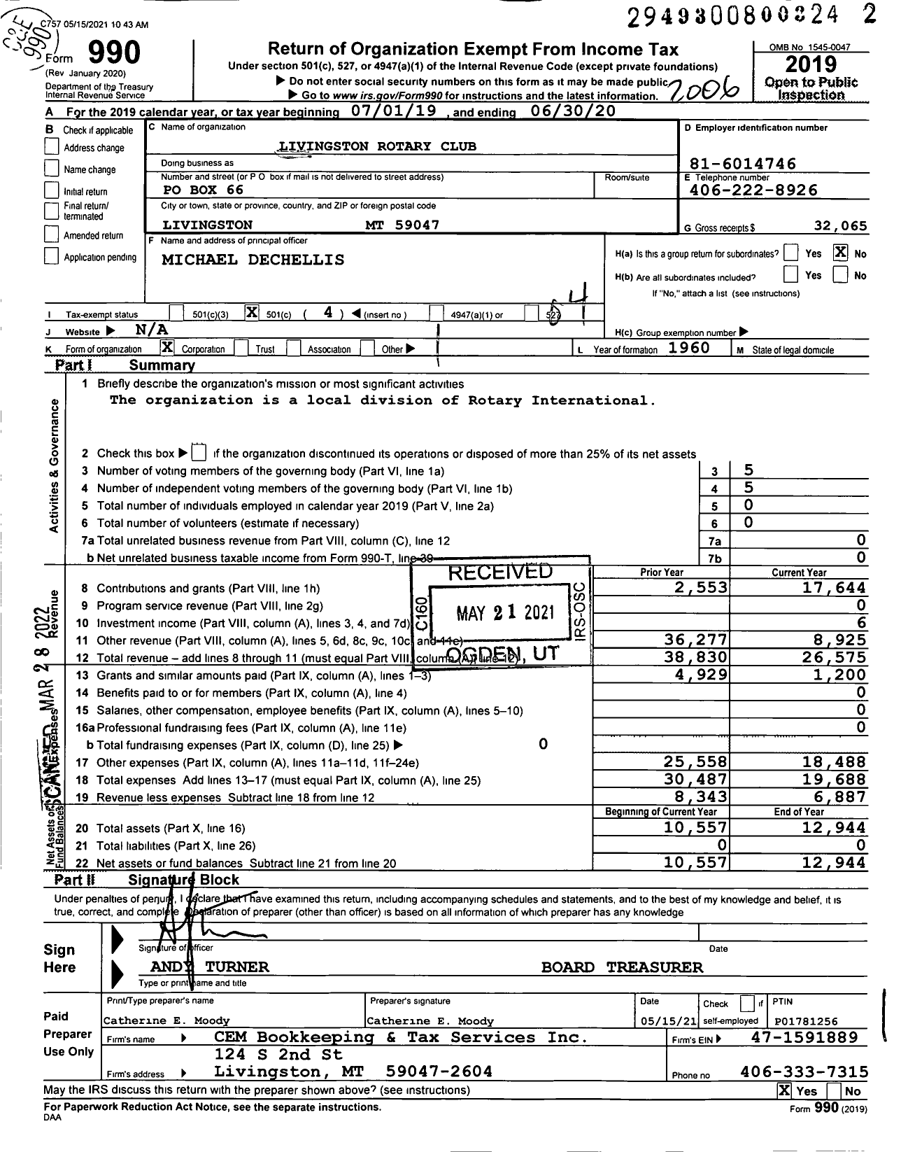 Image of first page of 2019 Form 990O for Rotary International - Livingston Rotary Club