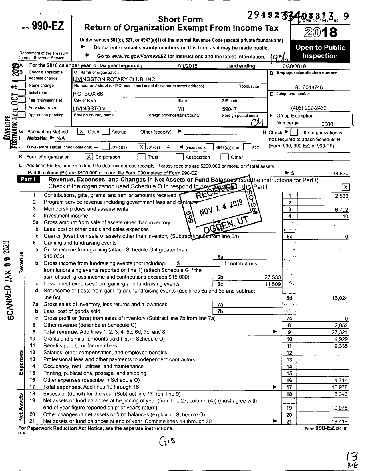 Image of first page of 2018 Form 990EO for Rotary International - Livingston Rotary Club