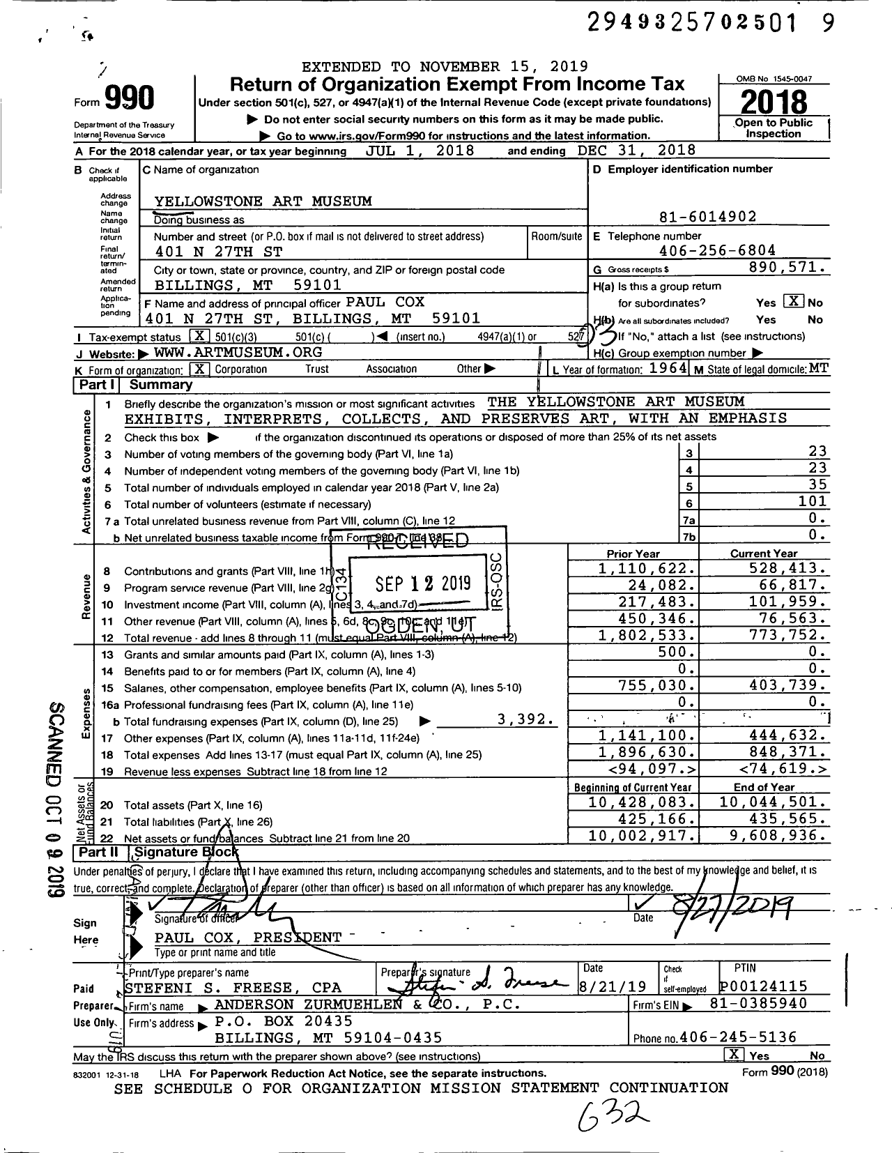 Image of first page of 2018 Form 990 for Yellowstone Art Museum (YAM)