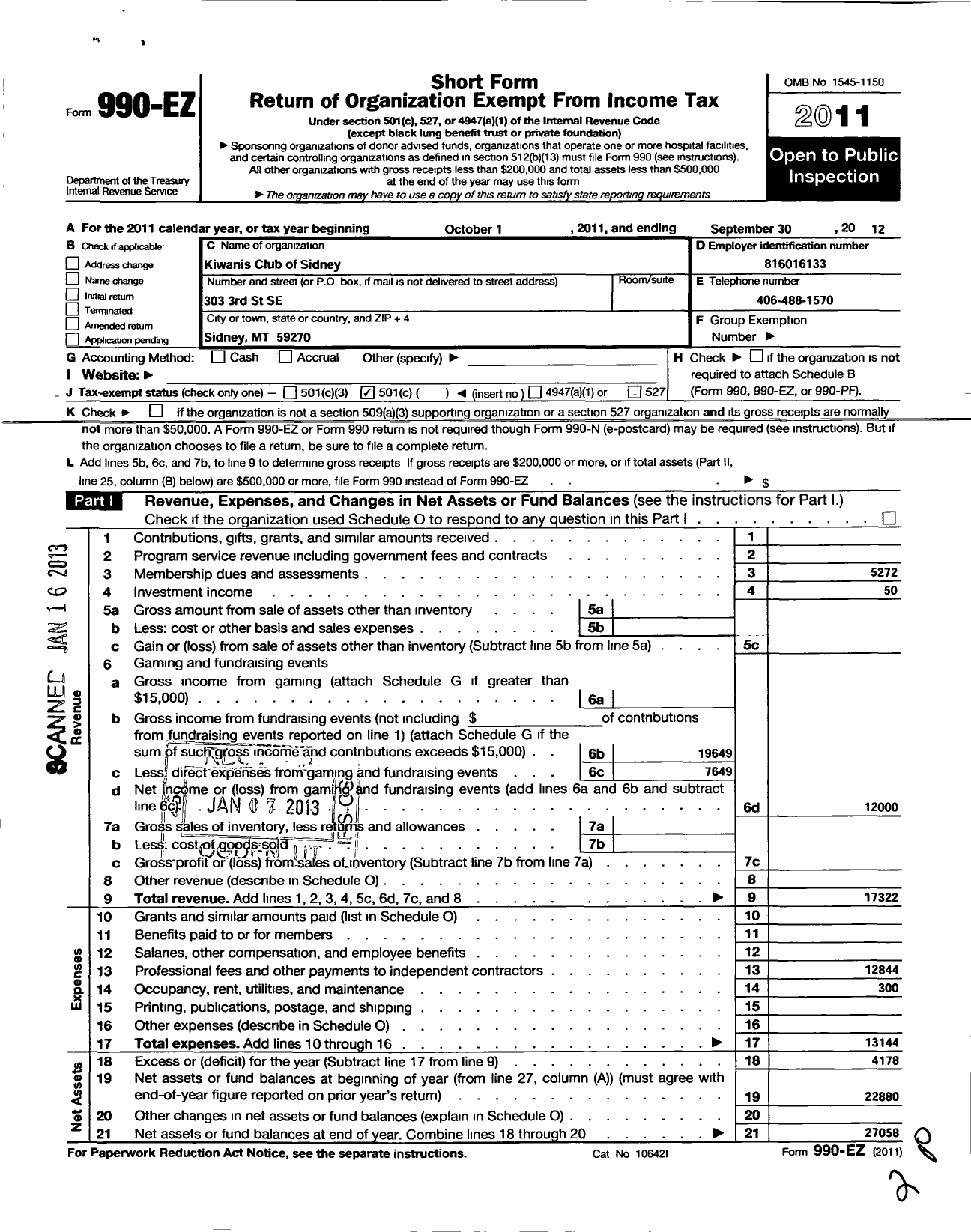 Image of first page of 2011 Form 990EO for Kiwanis International - K01320 Sidney