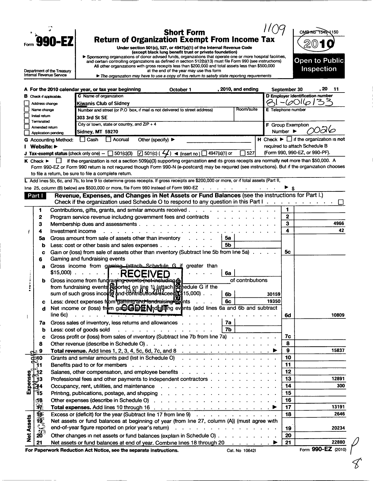 Image of first page of 2010 Form 990EO for Kiwanis International - K01320 Sidney