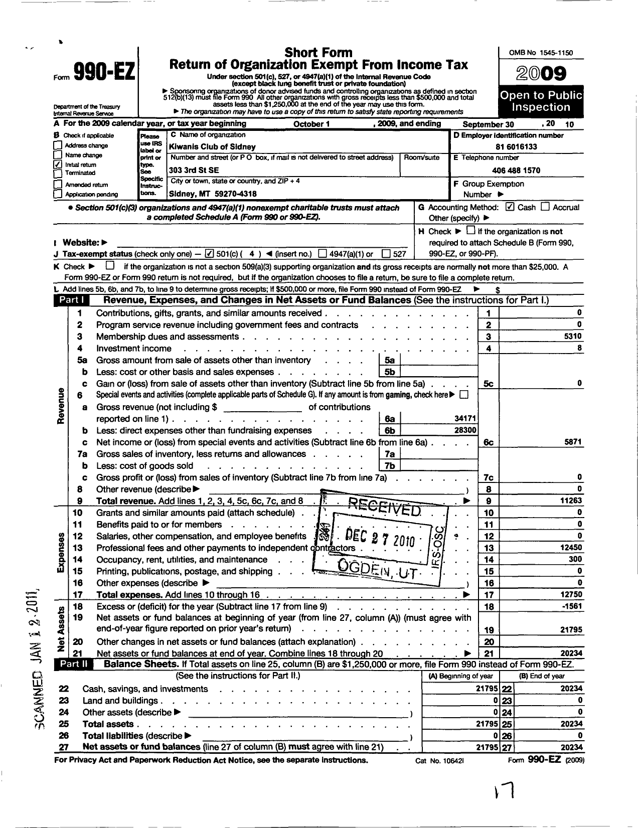 Image of first page of 2009 Form 990EO for Kiwanis International - K01320 Sidney