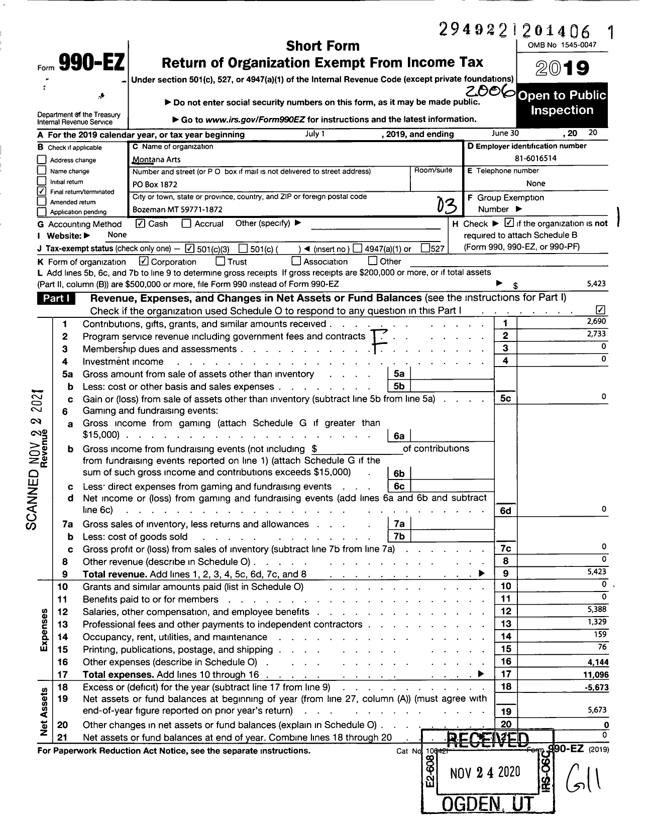 Image of first page of 2019 Form 990EZ for Montana Arts