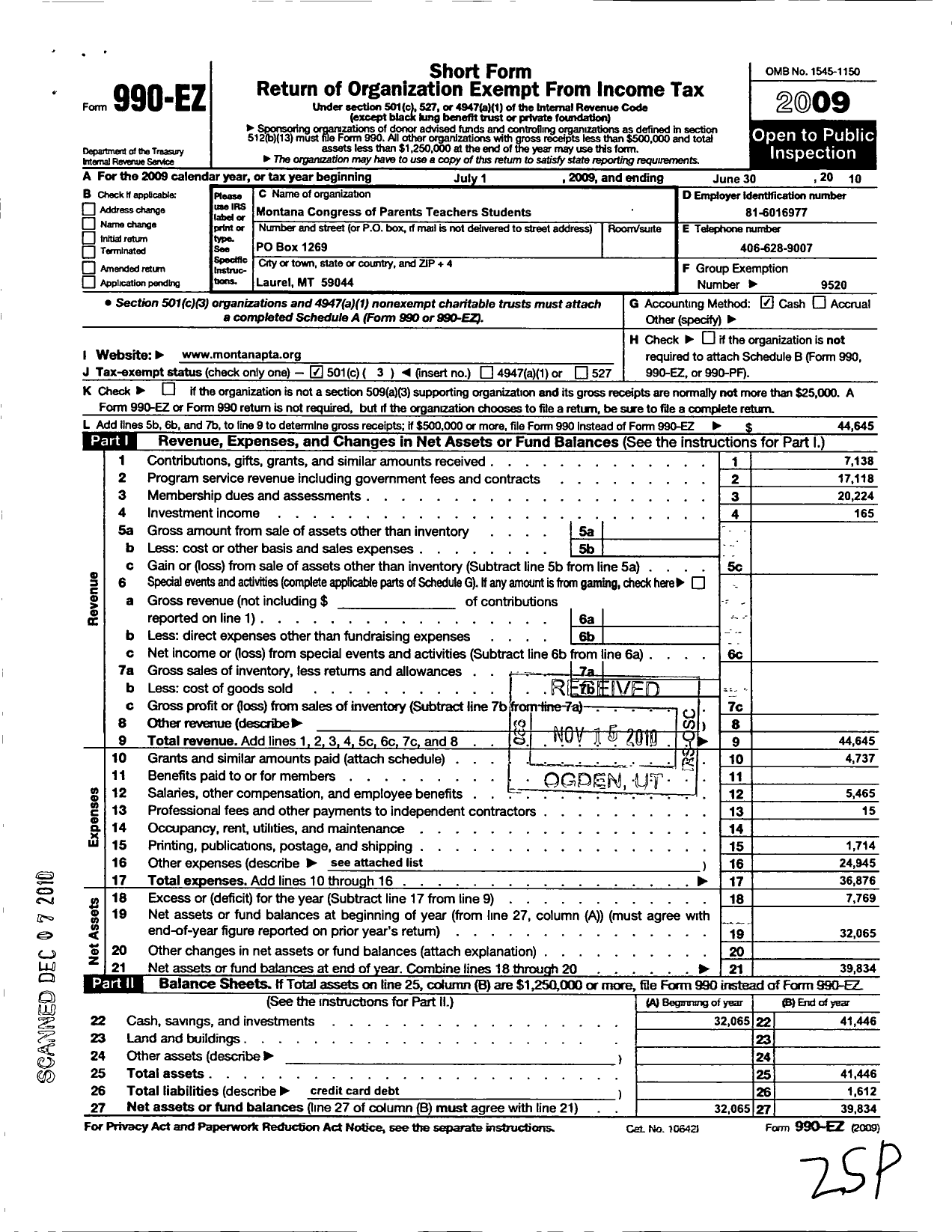 Image of first page of 2009 Form 990EZ for Montana Congress of Parents Teachers Students