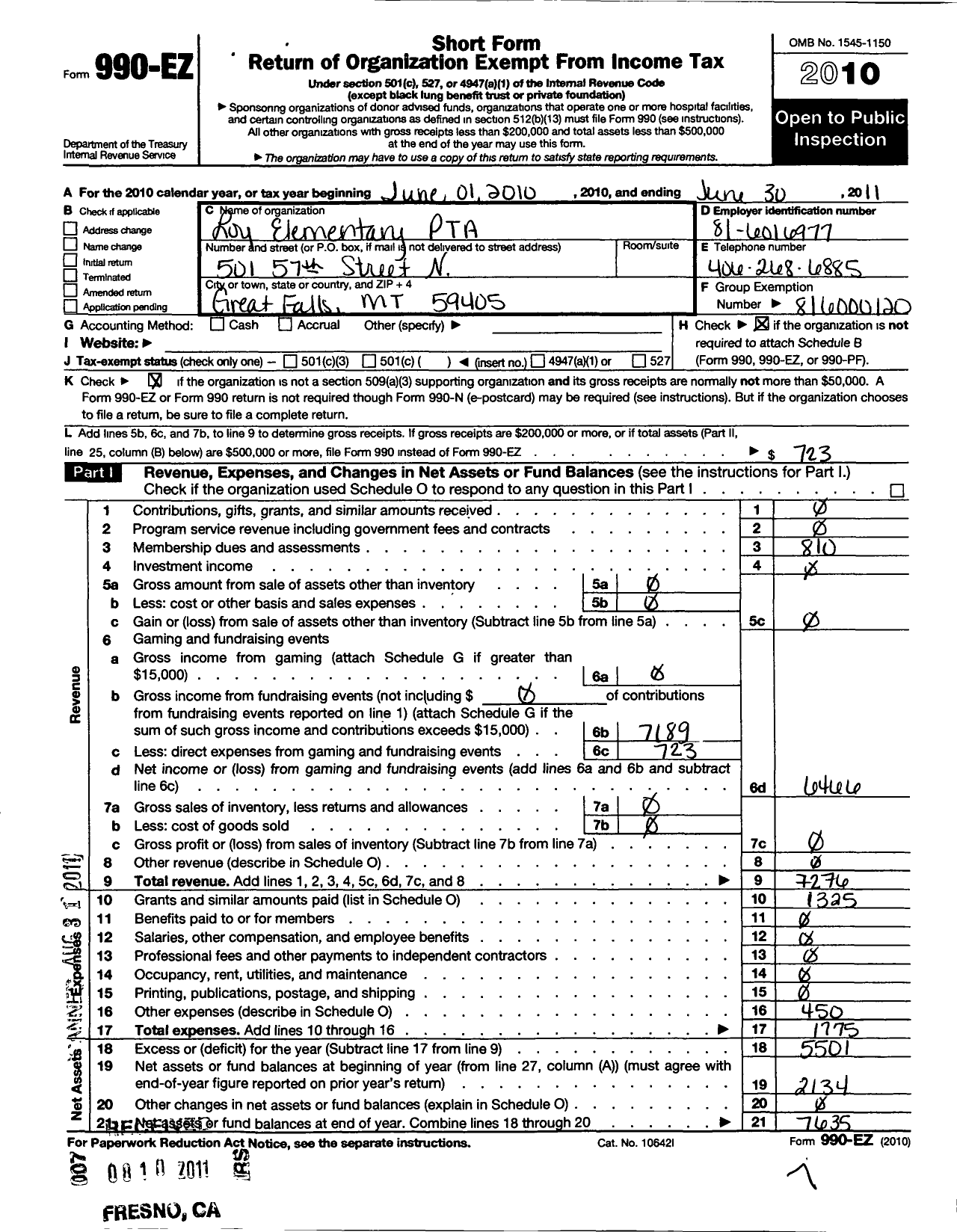 Image of first page of 2010 Form 990EO for Montana Congress of Parents Teachers Students