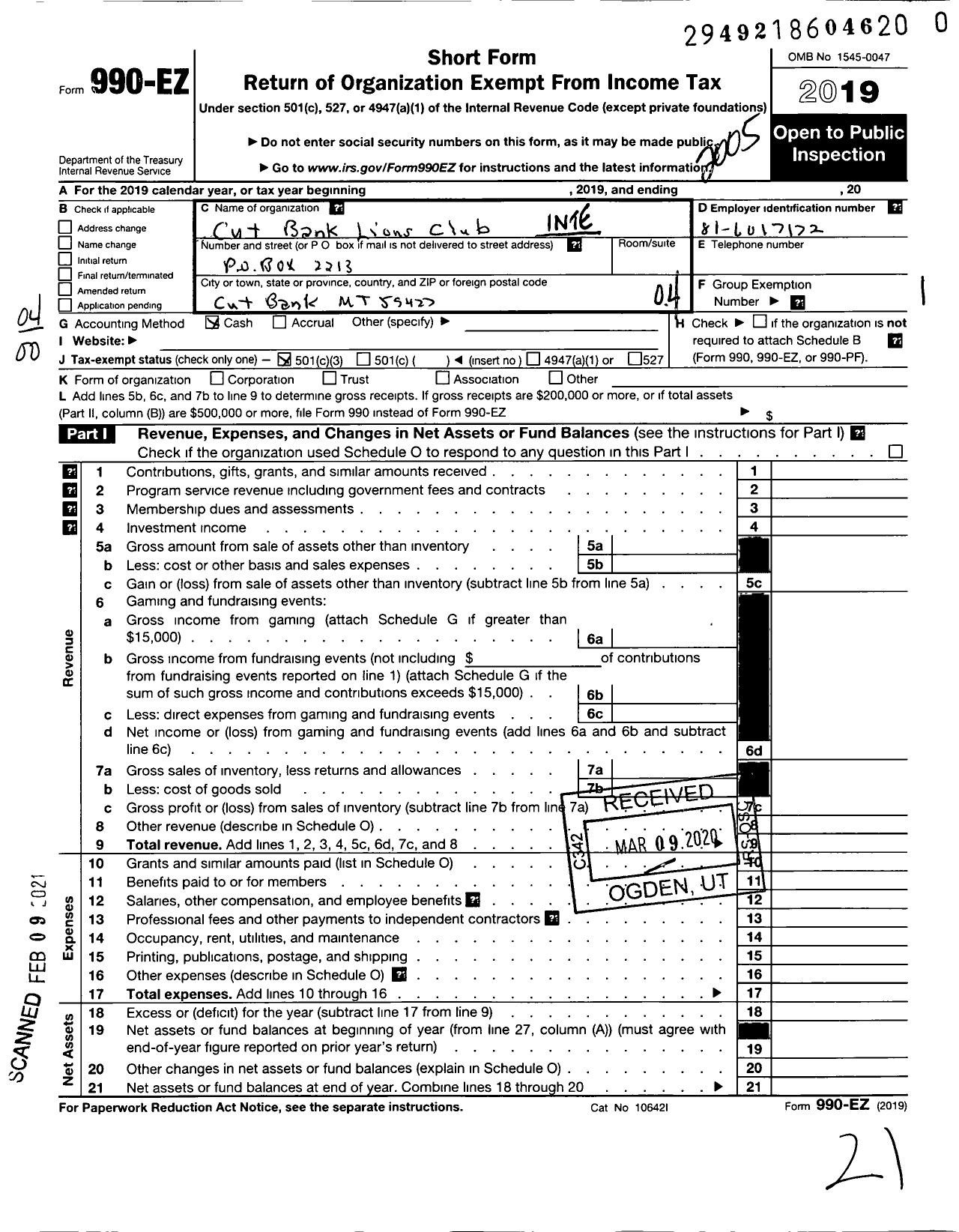 Image of first page of 2019 Form 990EO for Lions Clubs - 13055 Cut Bank