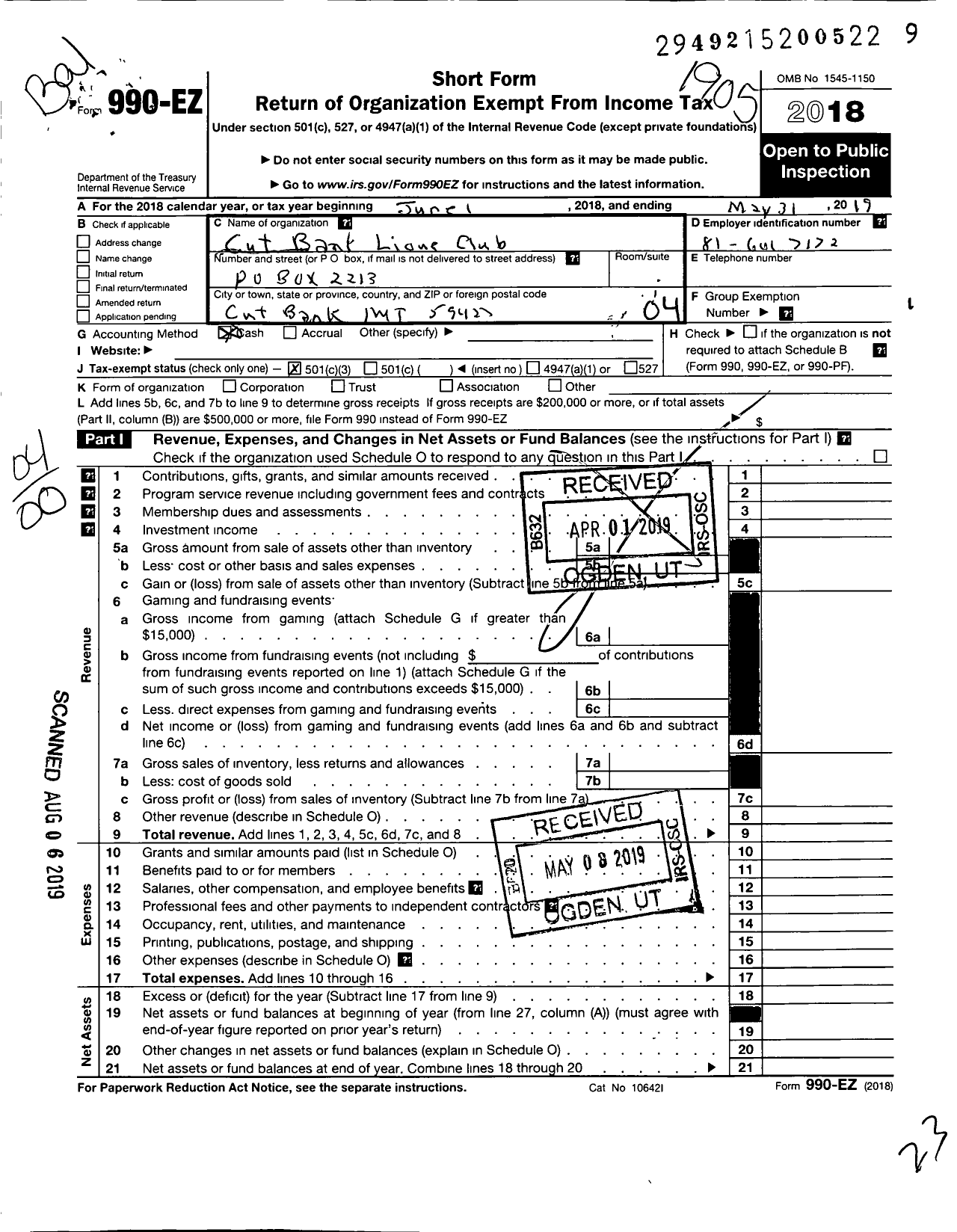 Image of first page of 2018 Form 990EO for Lions Clubs - 13055 Cut Bank