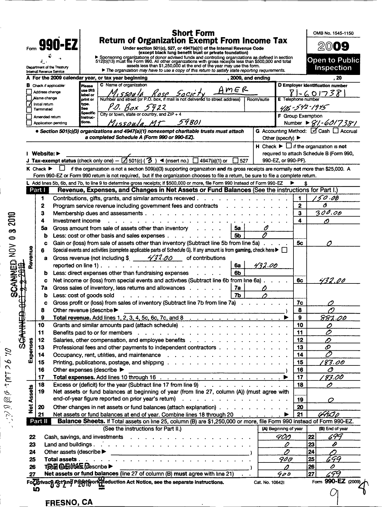 Image of first page of 2009 Form 990EZ for American Rose Society / Missoula Rose Society