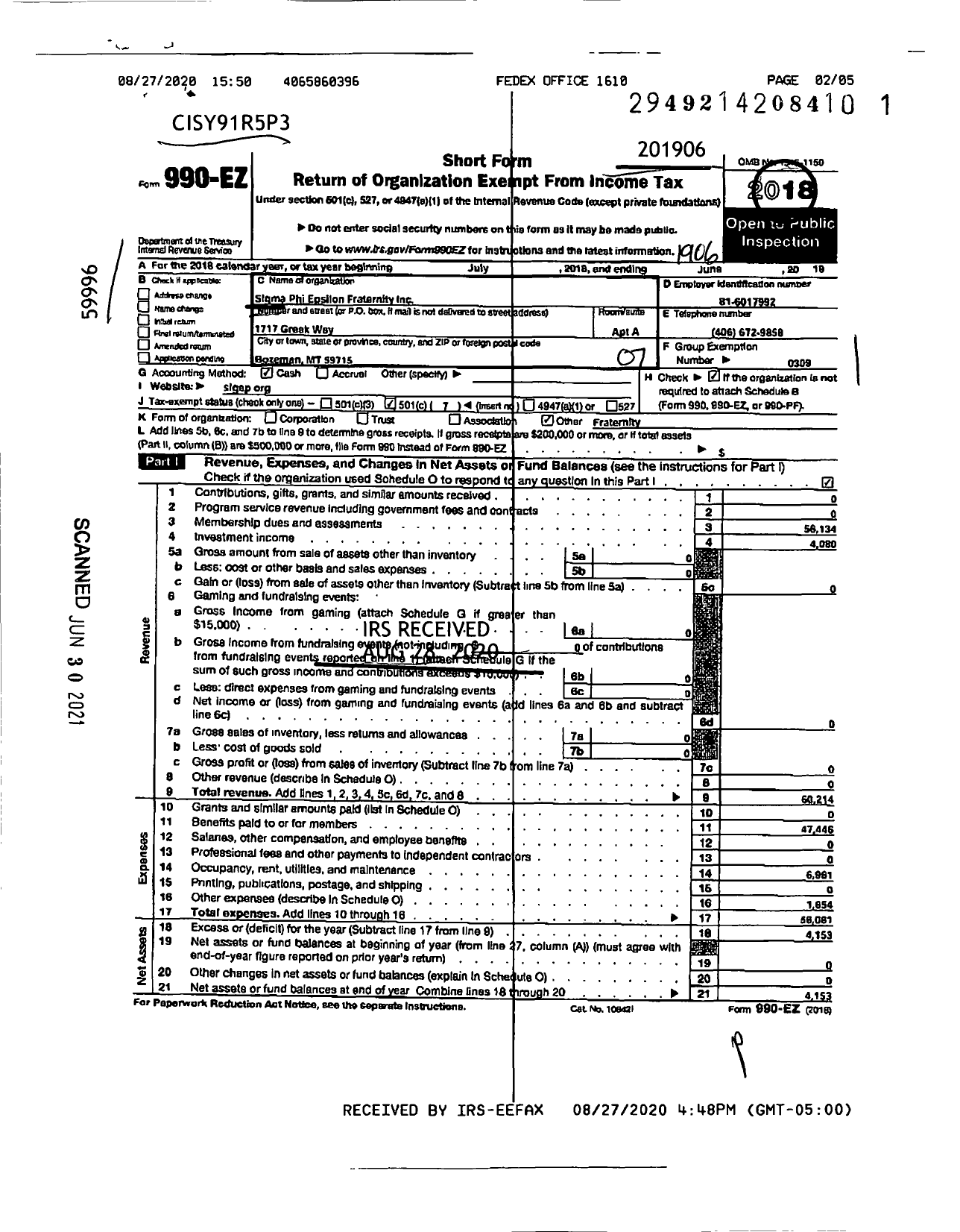 Image of first page of 2018 Form 990EO for Sigma Phi Epsilon - MT Beta