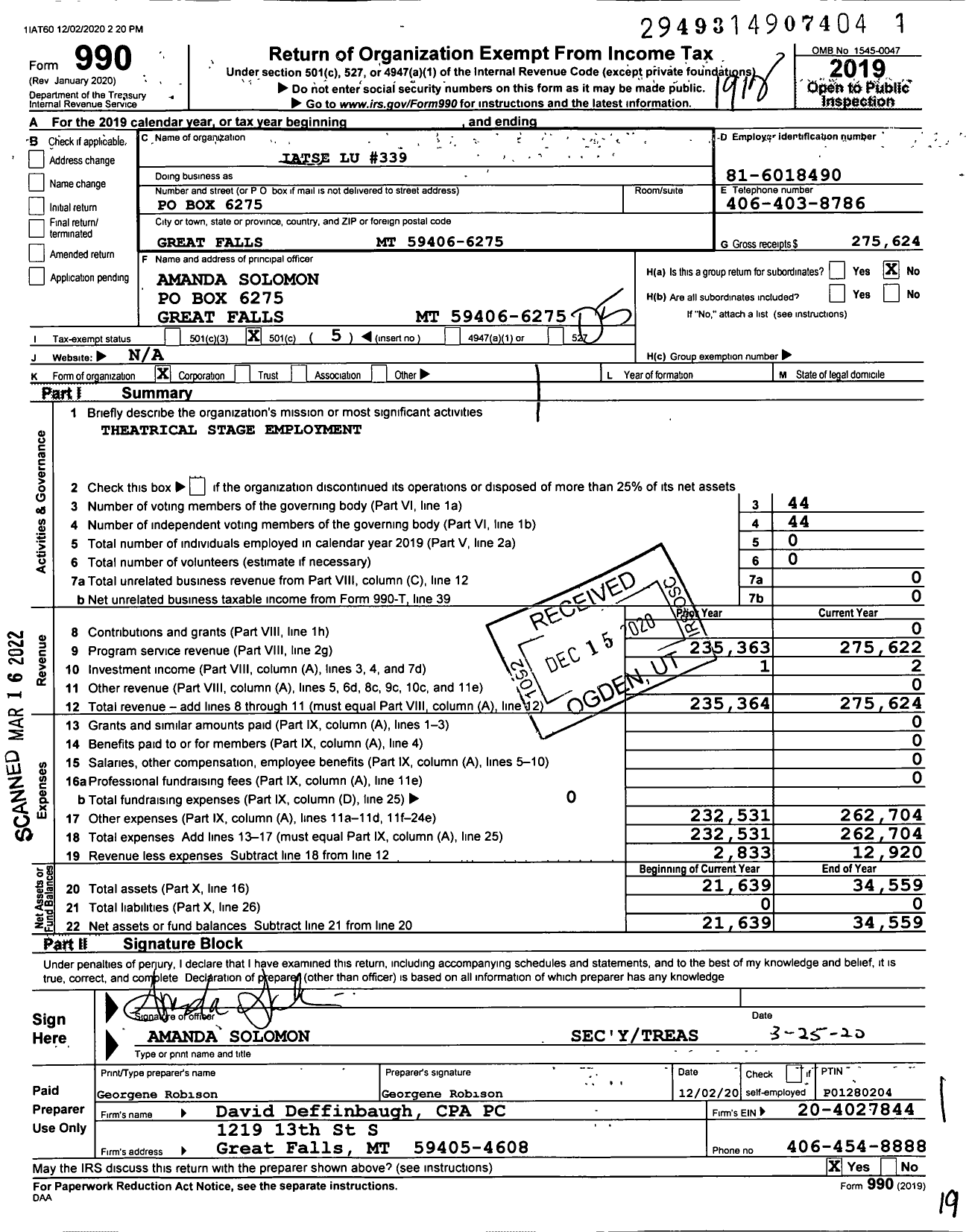 Image of first page of 2019 Form 990O for International Alliance of Theatrical Stage Employees - IATSE 339 Local