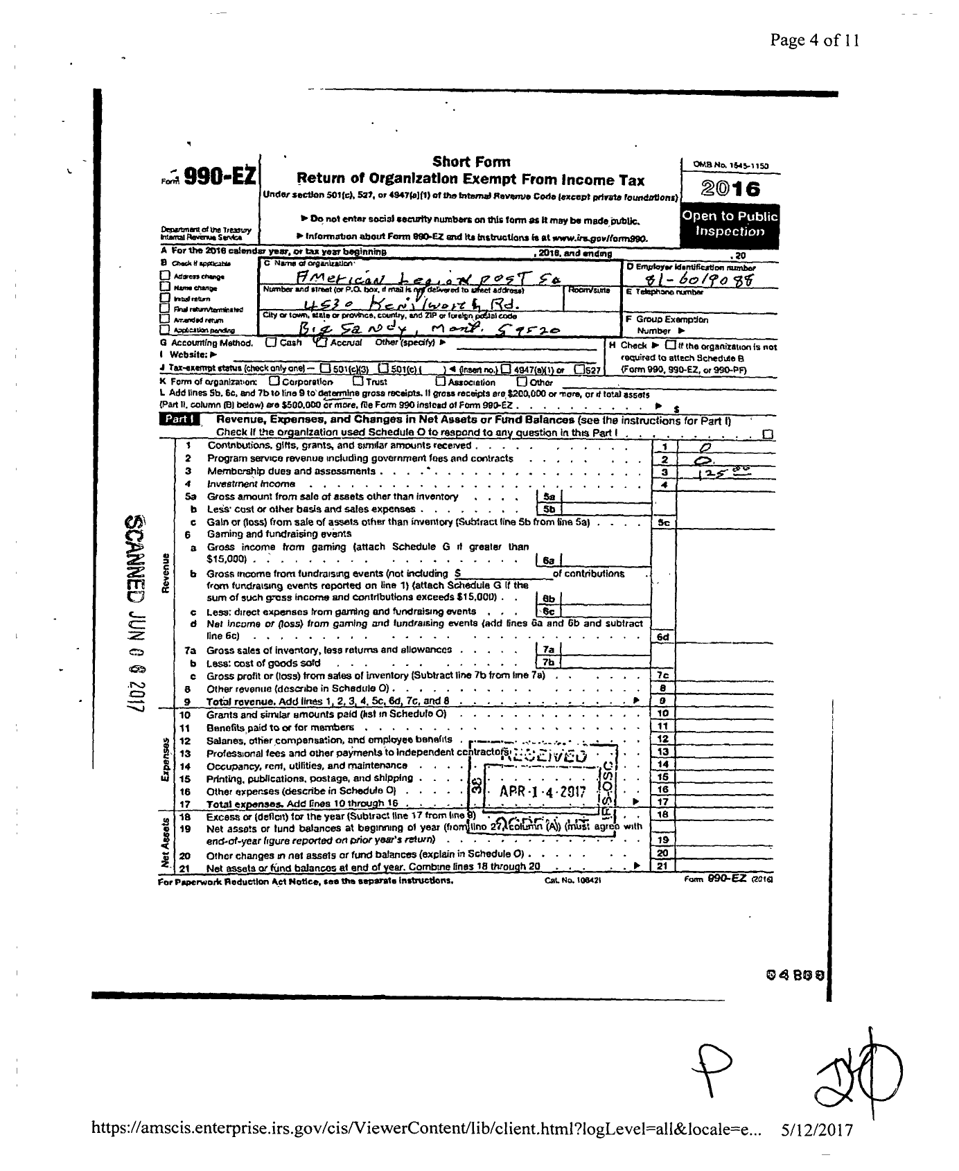 Image of first page of 2016 Form 990EO for American Legion - 0050 Big Sandy Post MT