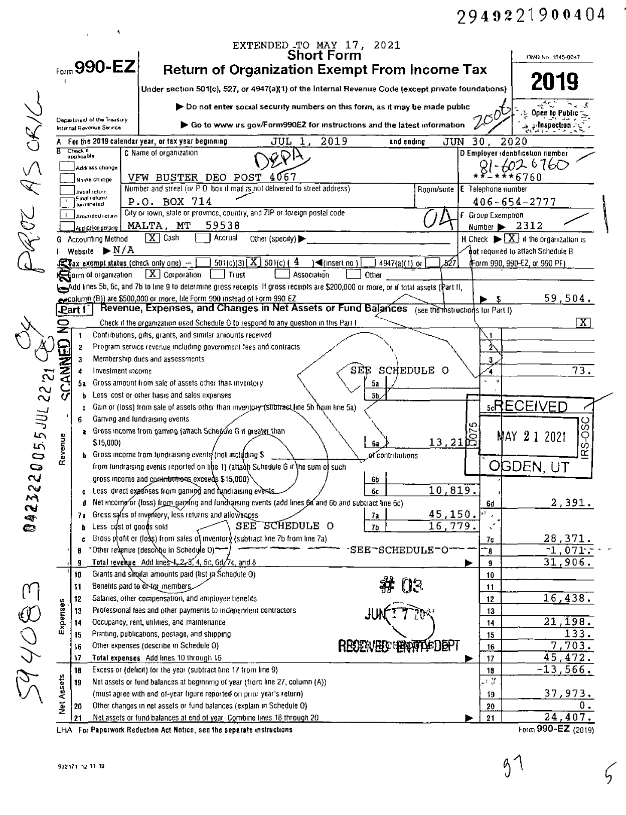 Image of first page of 2019 Form 990EO for Department of Montana Veterans of Foreign Wars of the United States - 4067 Buster Deo Post