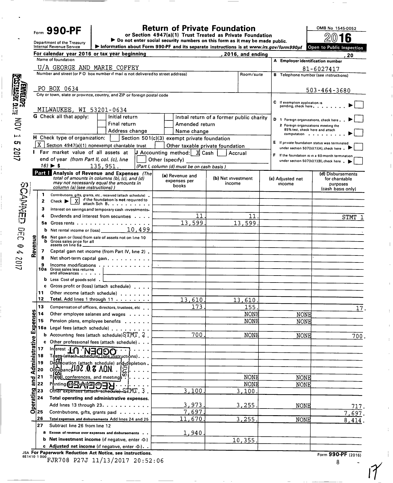 Image of first page of 2016 Form 990PF for Ua George and Marie Coffey