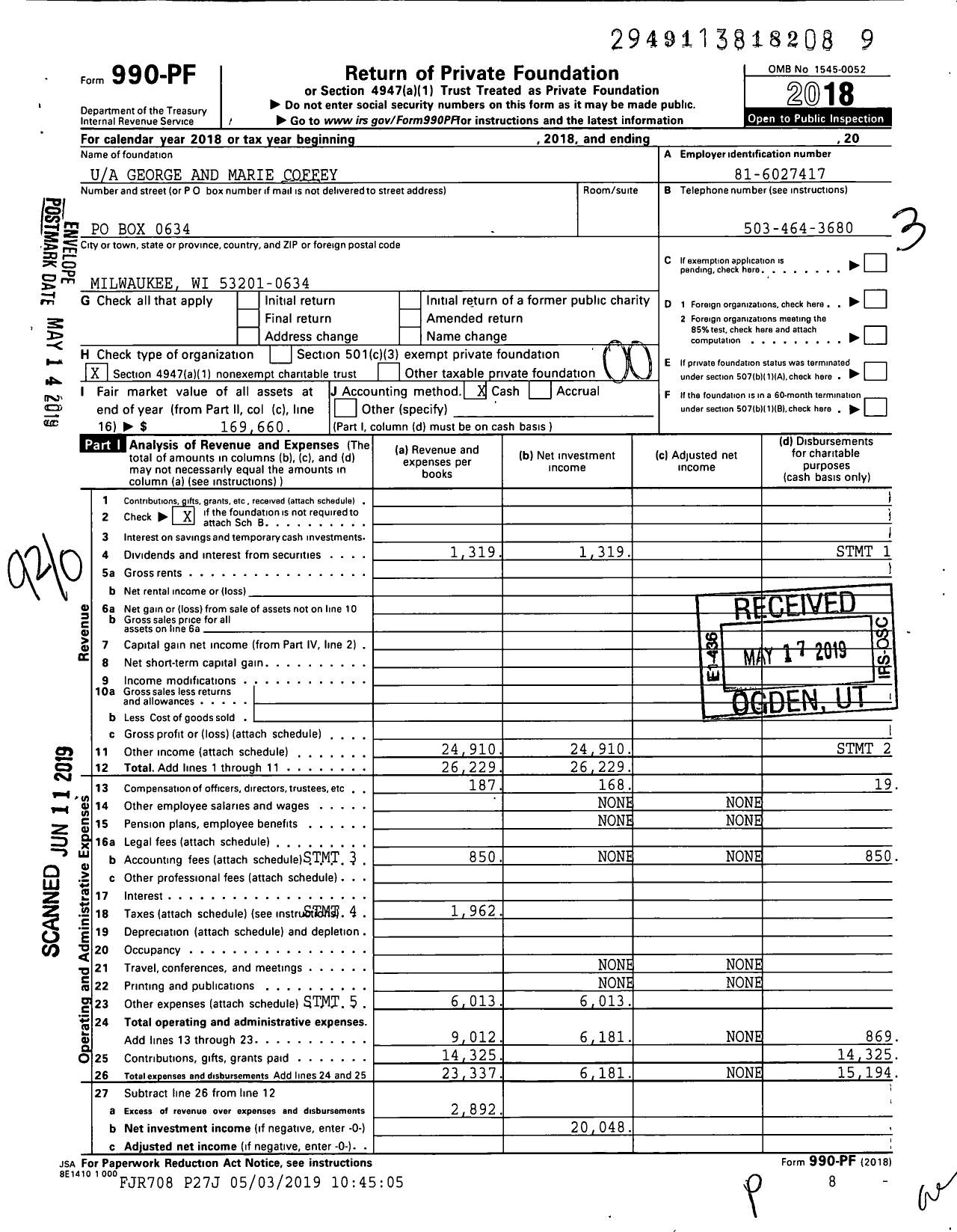 Image of first page of 2018 Form 990PF for Ua George and Marie Coffey