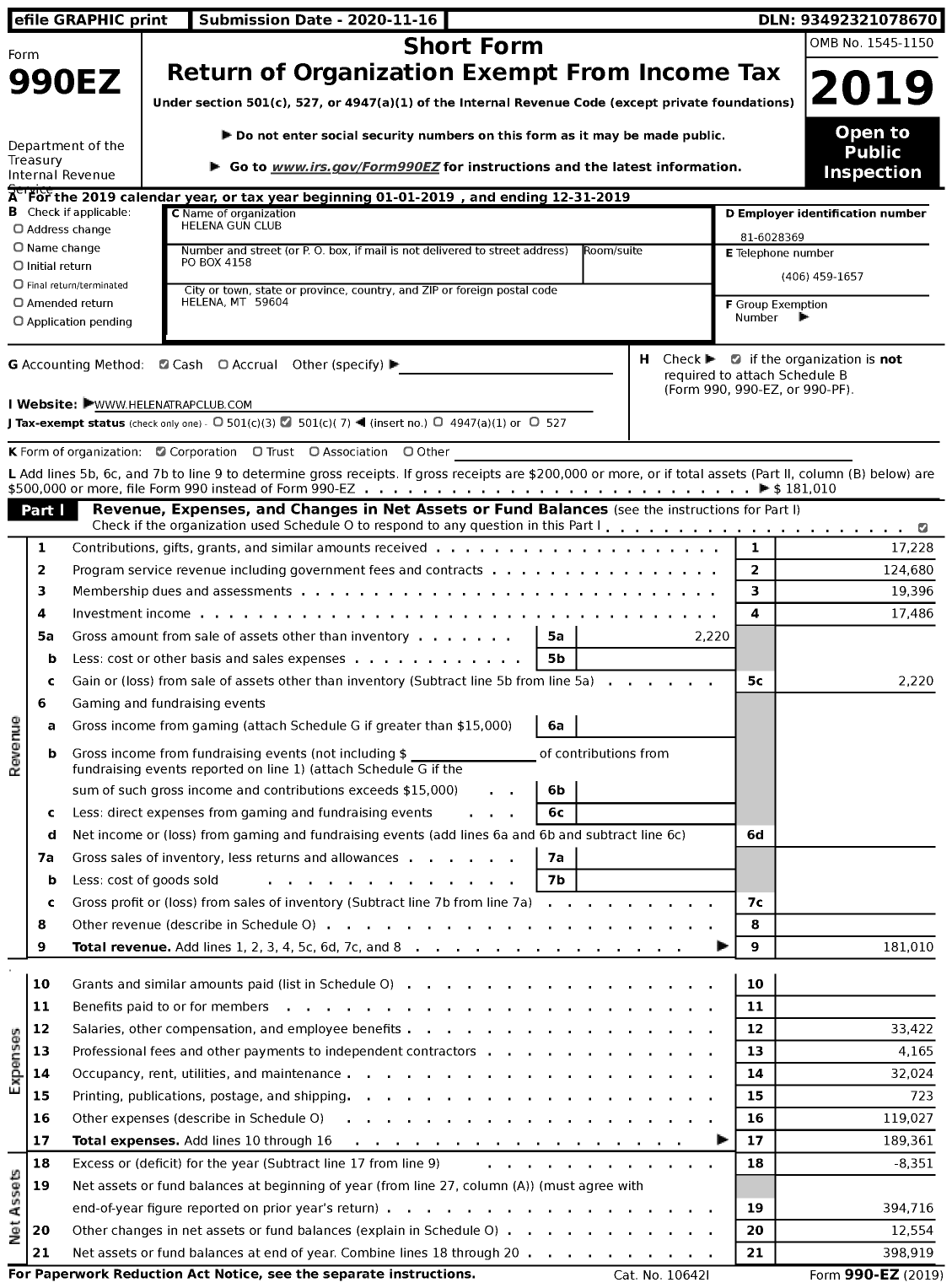 Image of first page of 2019 Form 990EZ for Helena Gun Club