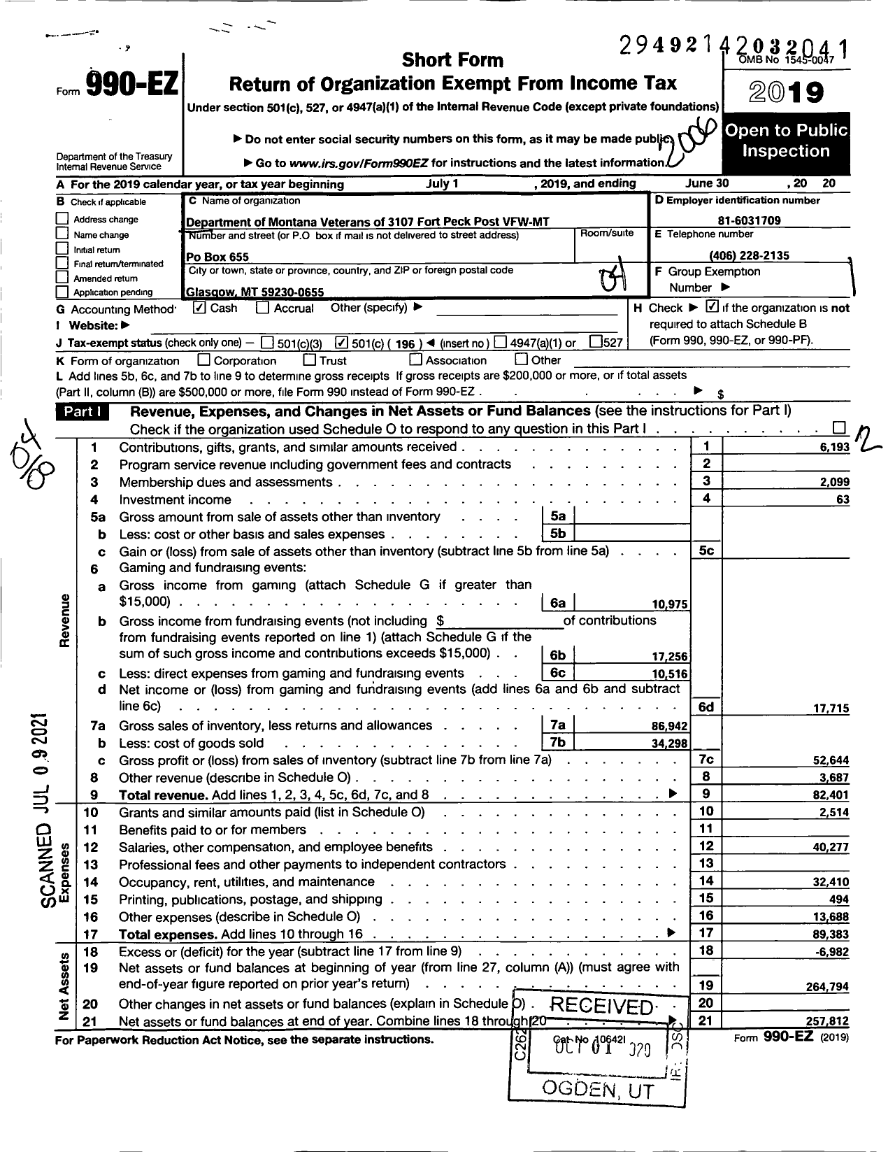 Image of first page of 2019 Form 990EO for Department of Montana Veterans of Foreign Wars of the United States - 3107 Fort Peck Post VFW-MT