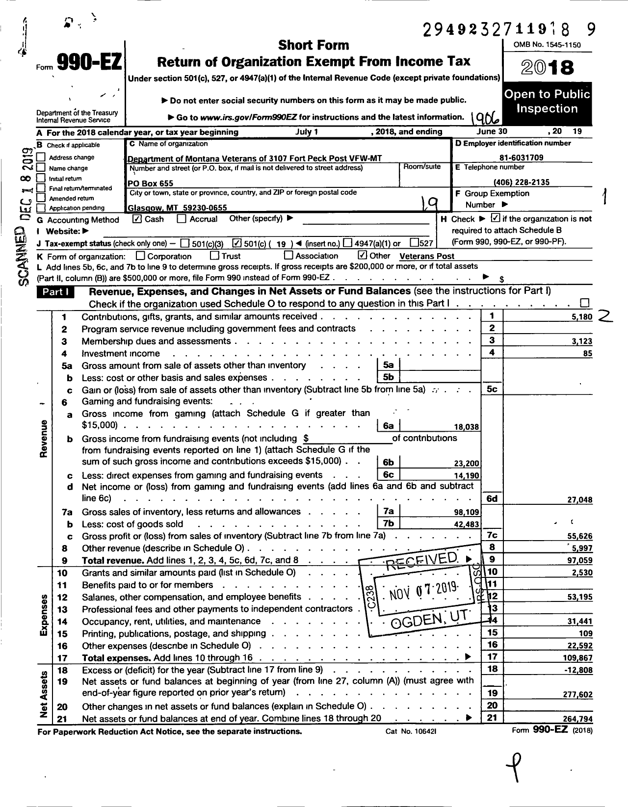 Image of first page of 2018 Form 990EO for Department of Montana Veterans of Foreign Wars of the United States - 3107 Fort Peck Post VFW-MT