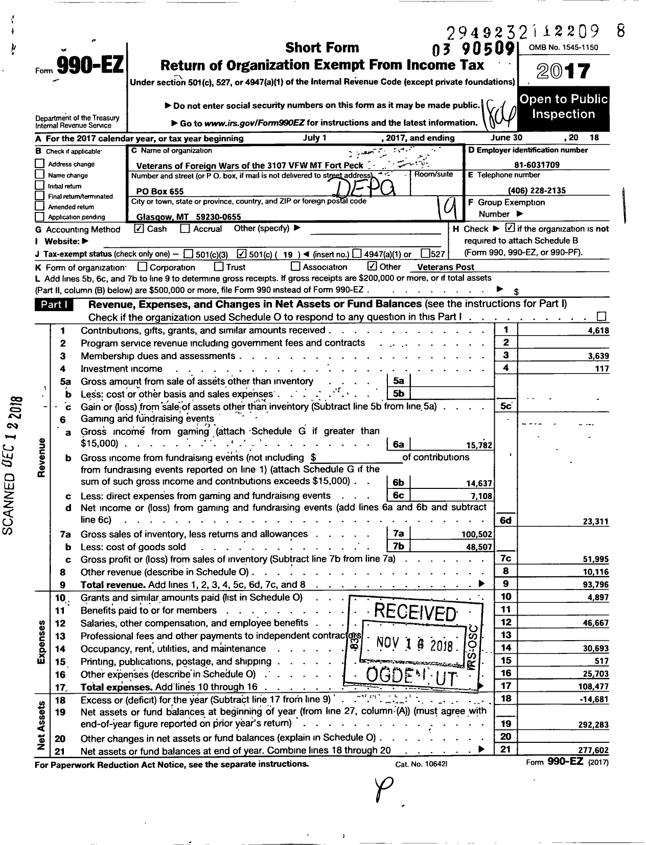 Image of first page of 2017 Form 990EO for Department of Montana Veterans of Foreign Wars of the United States - 3107 Fort Peck Post VFW-MT