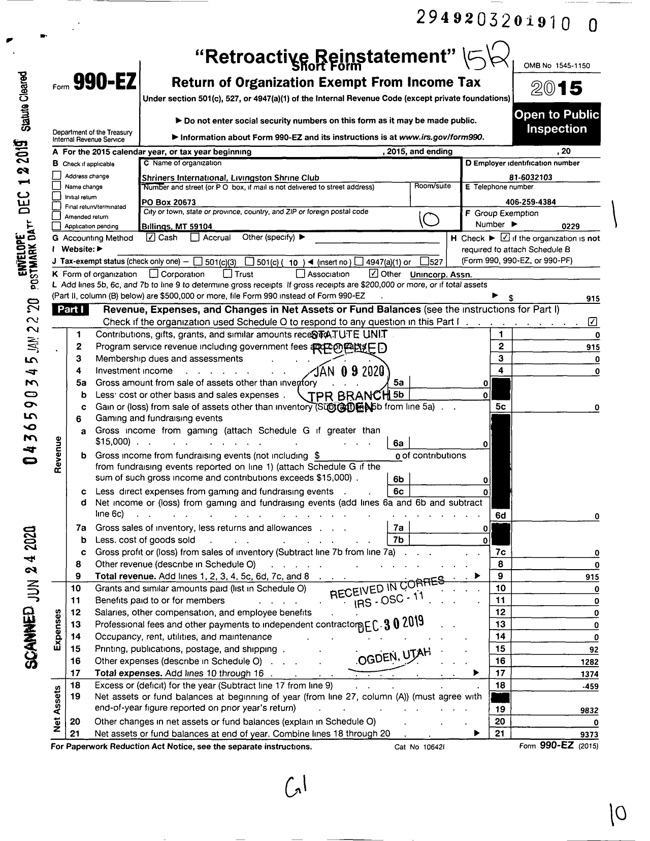 Image of first page of 2015 Form 990EO for Shriners International Livingston Shrine Club