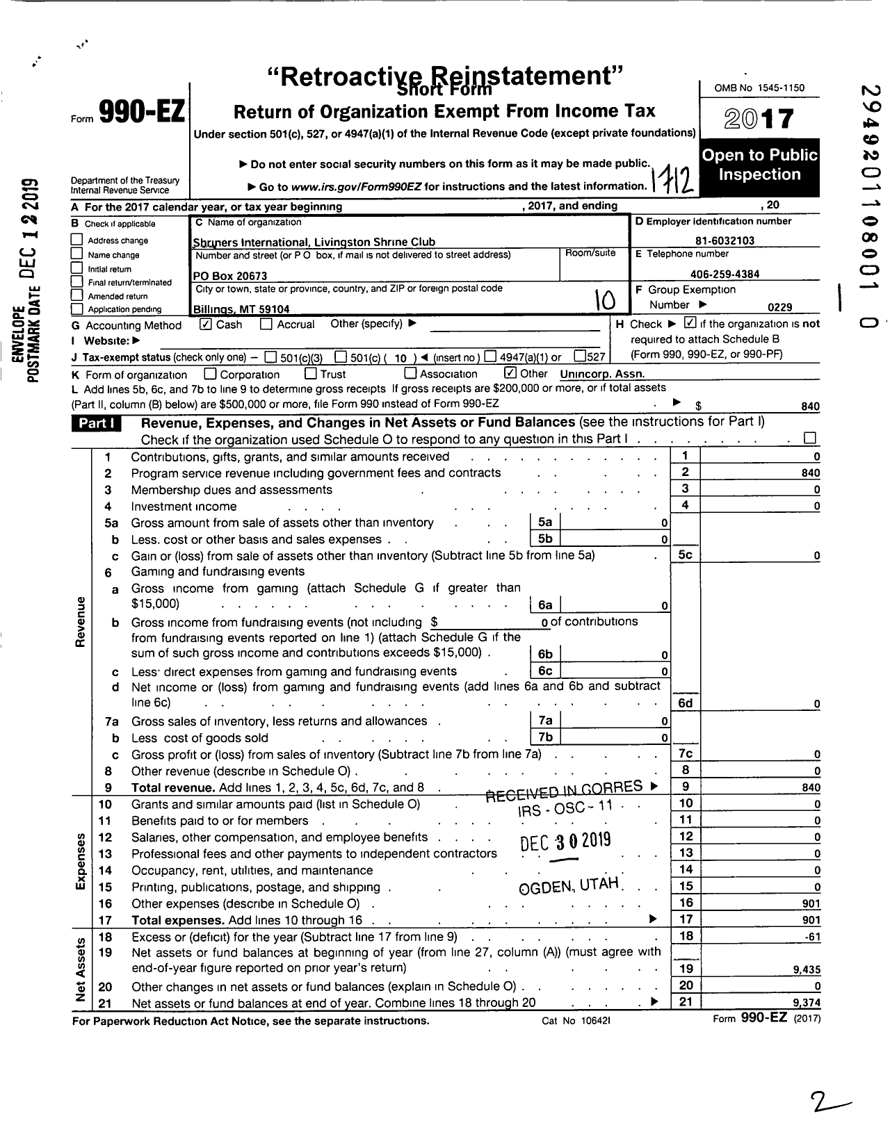 Image of first page of 2017 Form 990EO for Shriners International Livingston Shrine Club