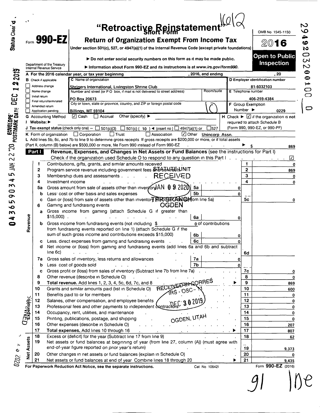 Image of first page of 2016 Form 990EO for Shriners International Livingston Shrine Club