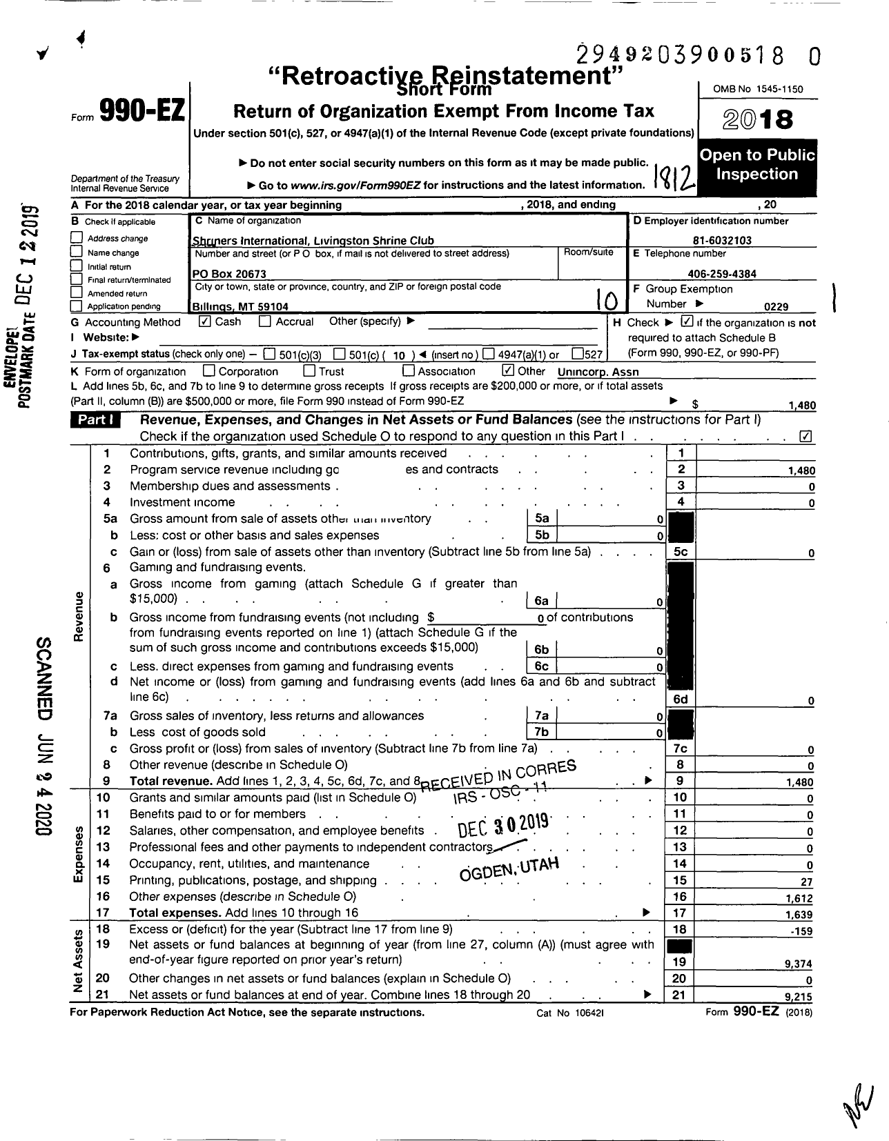 Image of first page of 2018 Form 990EO for Shriners International Livingston Shrine Club