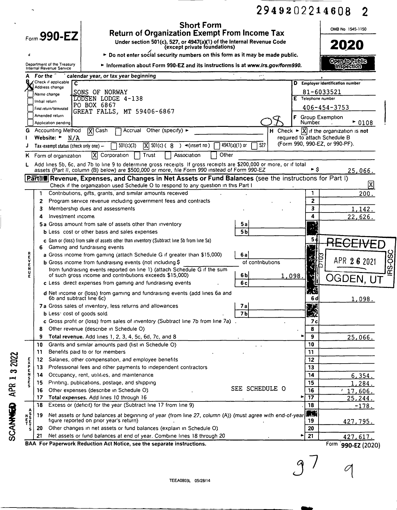 Image of first page of 2020 Form 990EO for Sons of Norway - 4-138 Lodsen